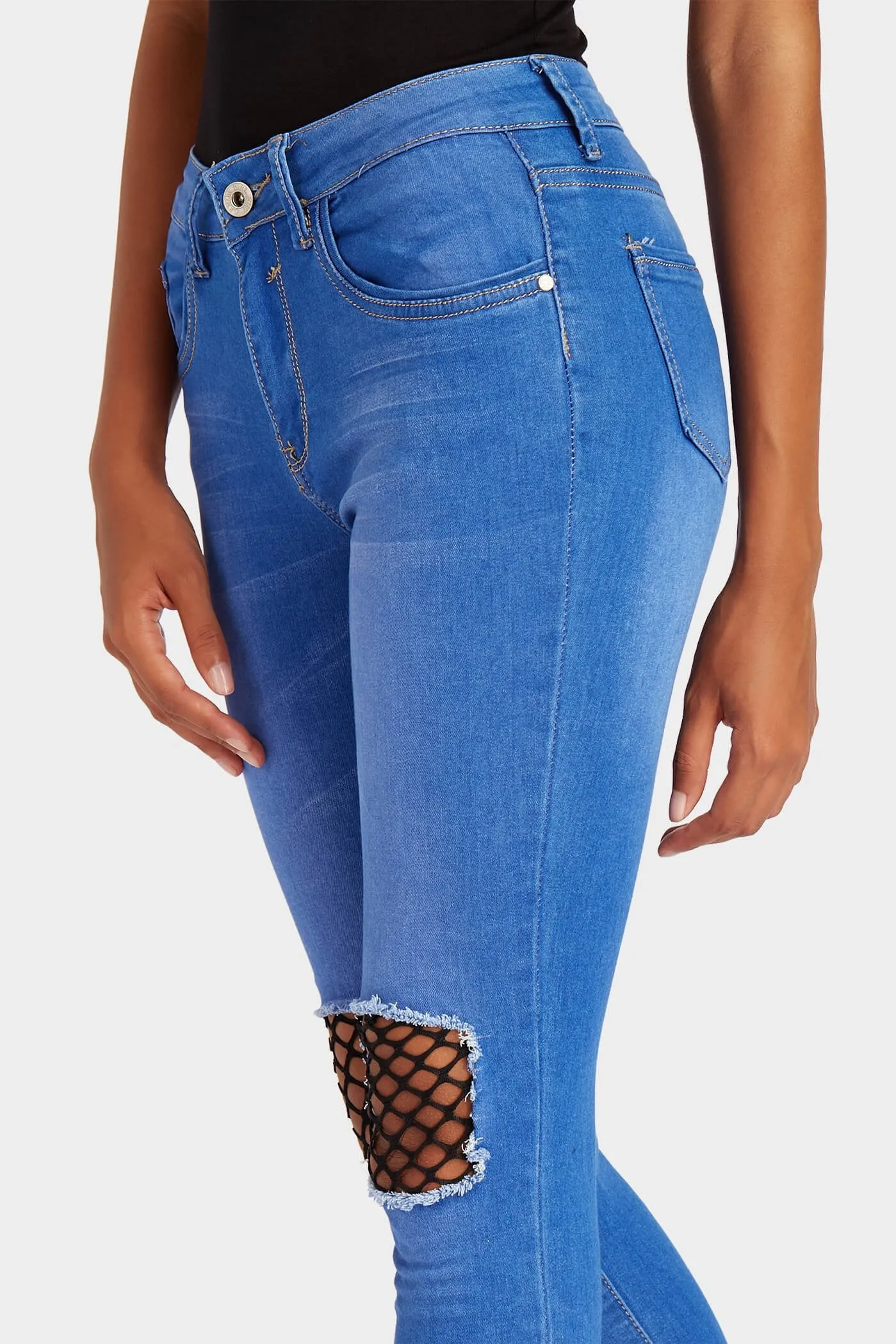 Blue Denim Ripped Knee Mesh Jeans