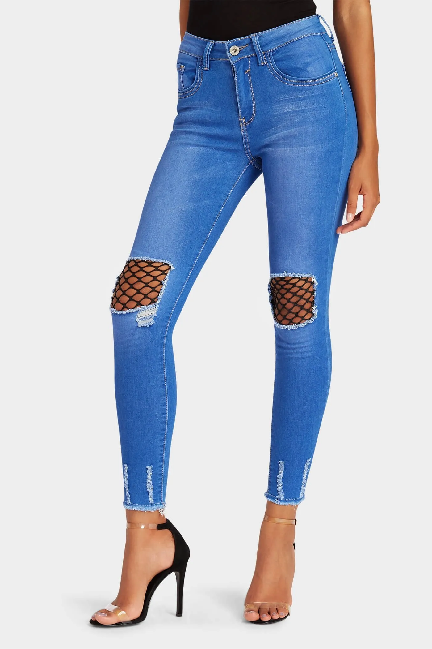 Blue Denim Ripped Knee Mesh Jeans