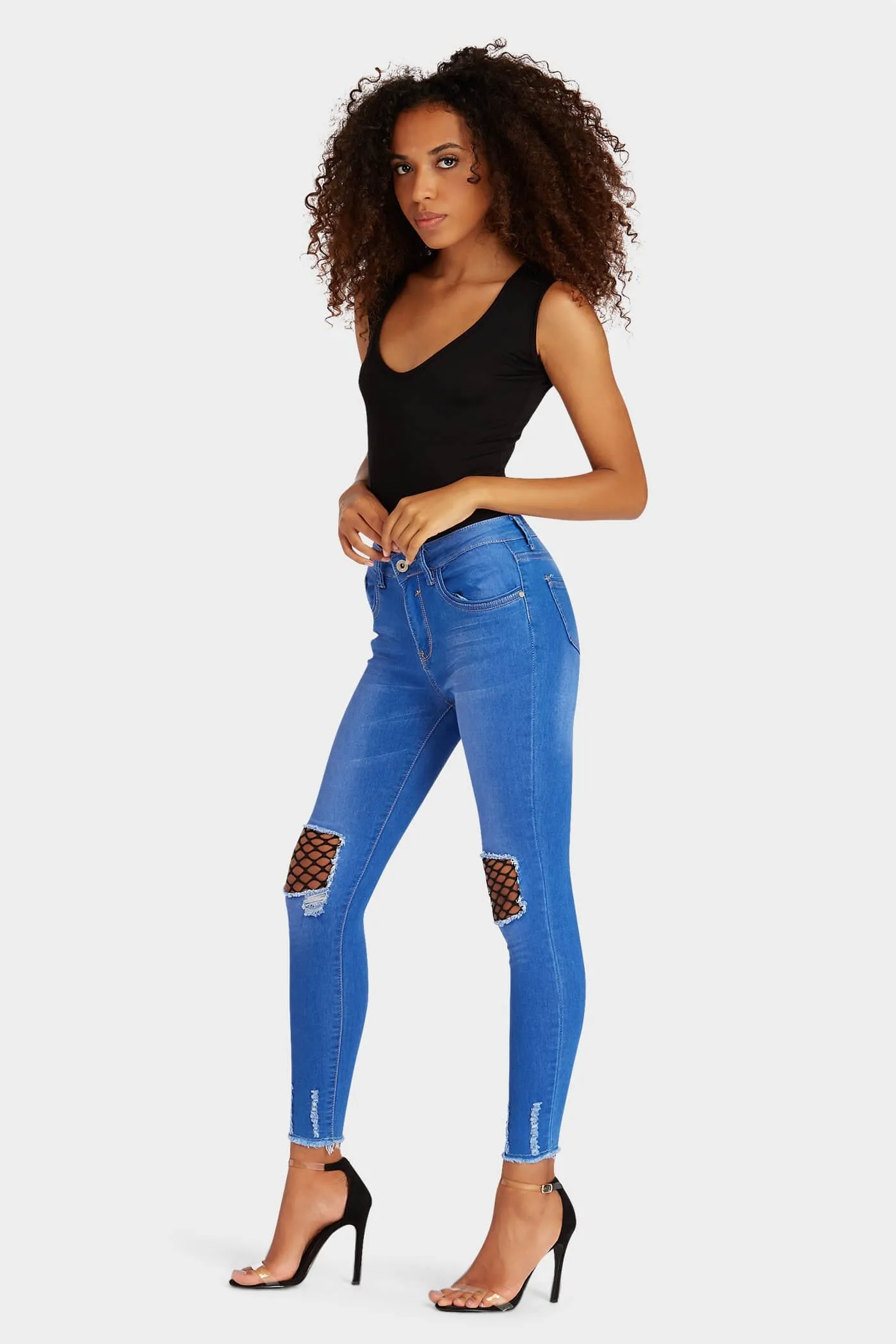 Blue Denim Ripped Knee Mesh Jeans