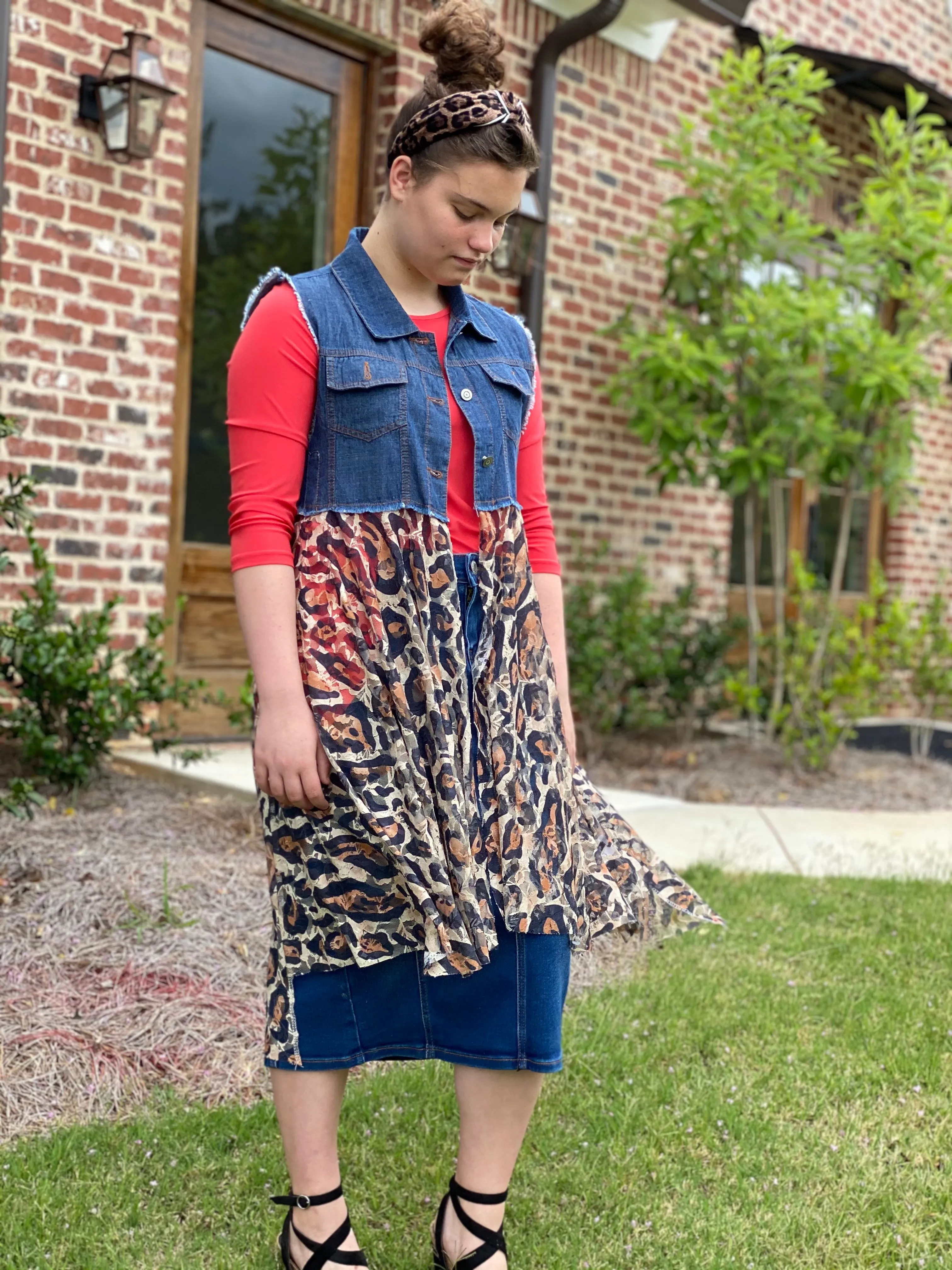 Blue Denim Vest w/Leopard Lace