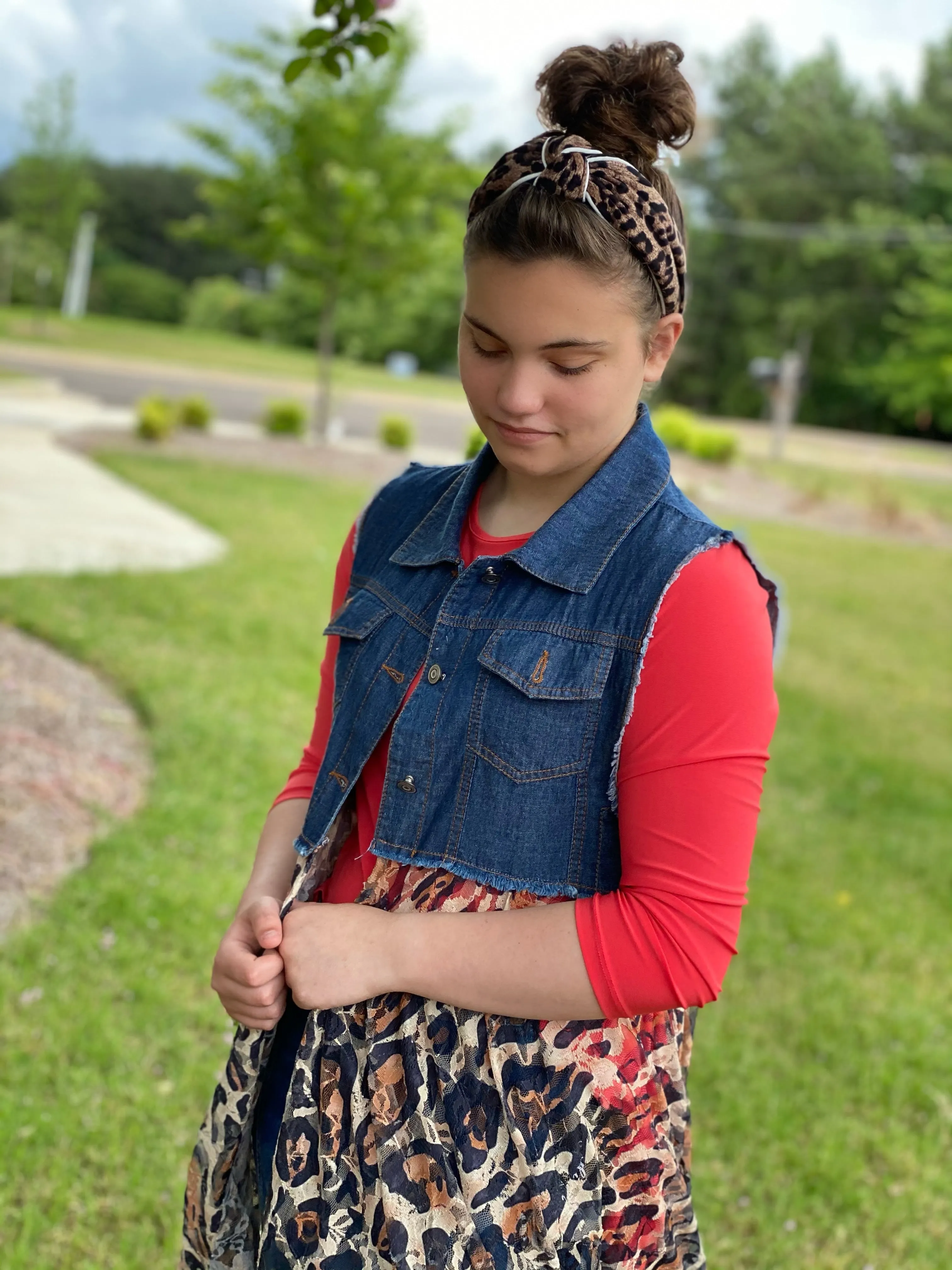 Blue Denim Vest w/Leopard Lace