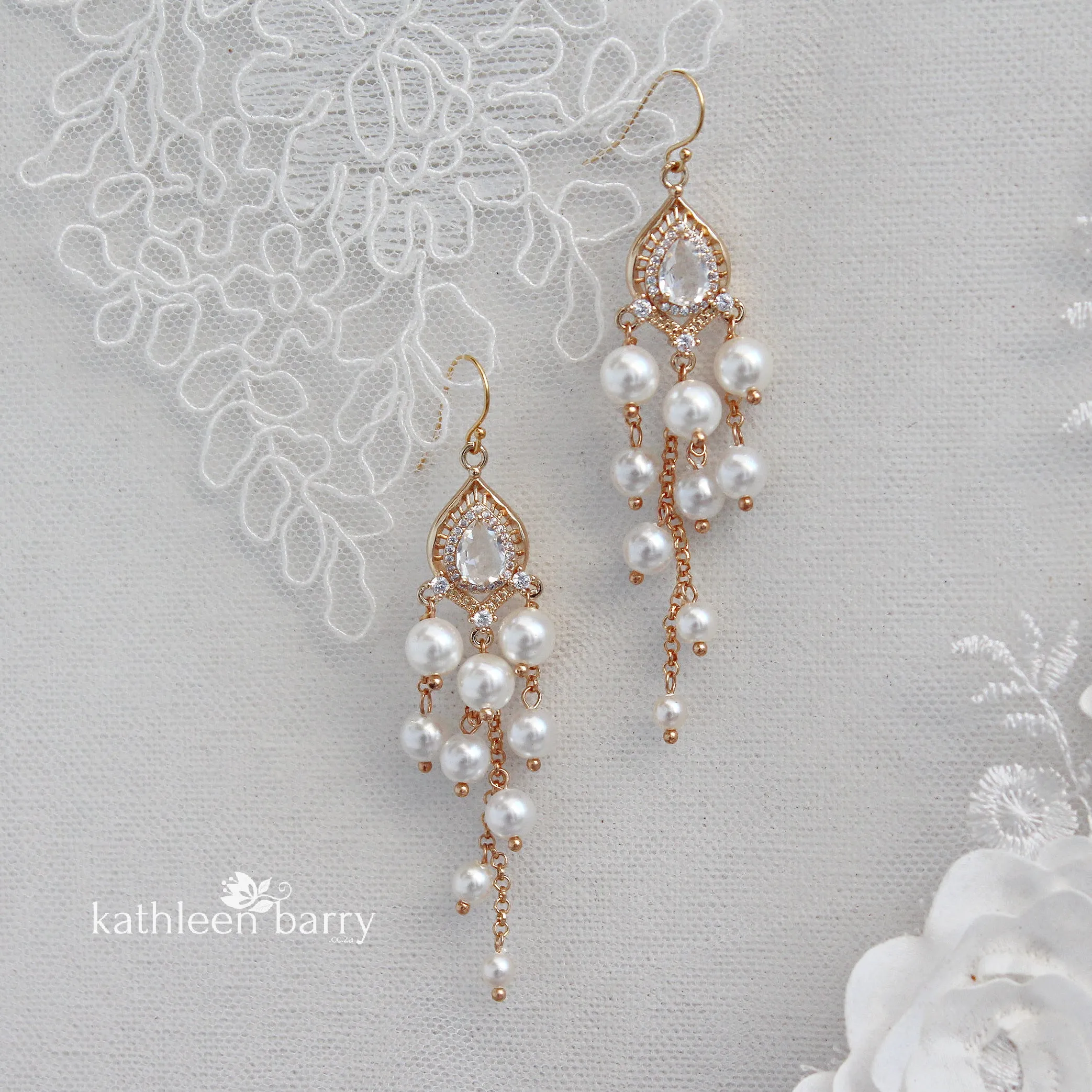 Brooke pearl cubic zirconia chandelier earrings -  white, blush pink or ivory/pearls, Gold finish only.