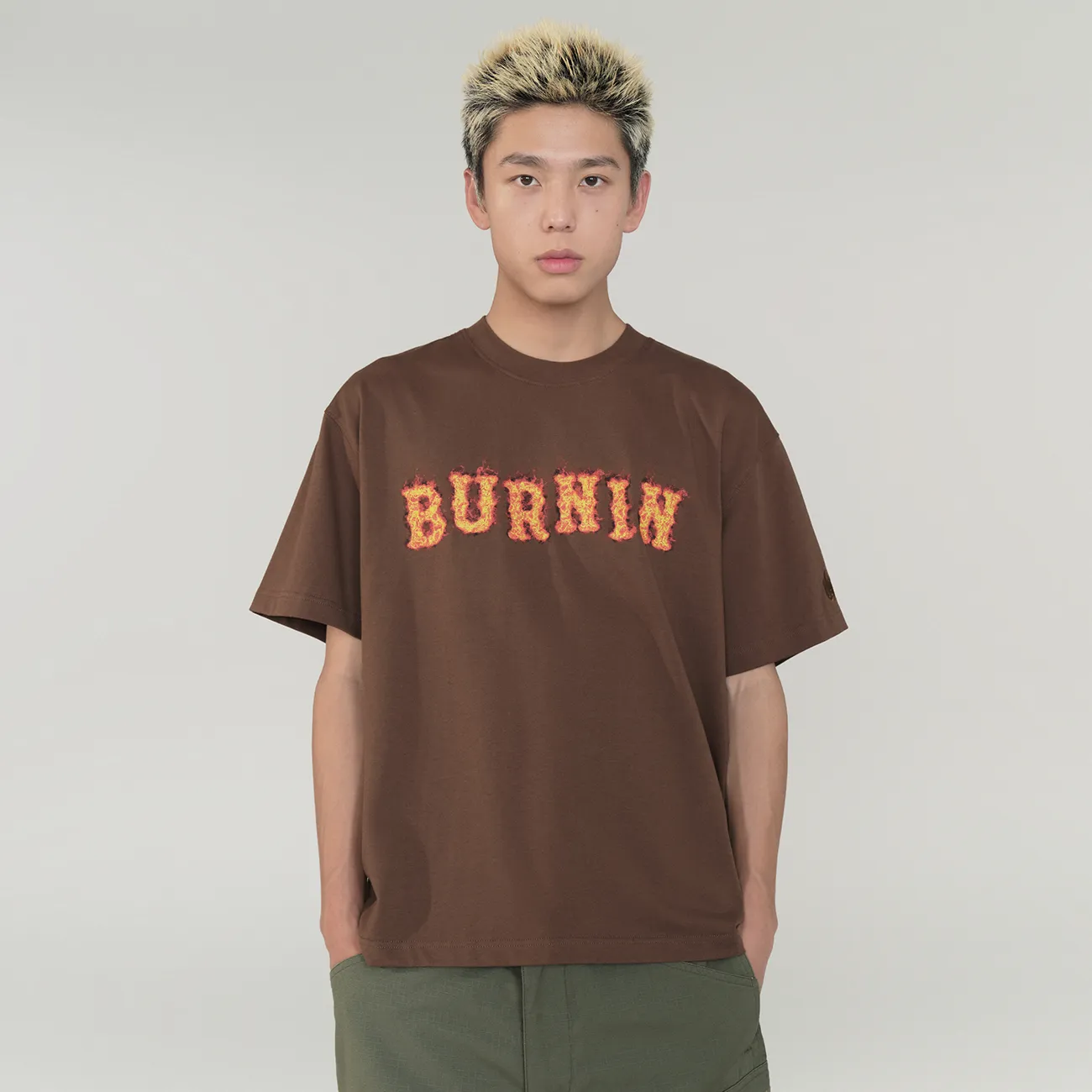 BURNIN*Spark Flame Lava Letter Print Short Sleeve T-shirt