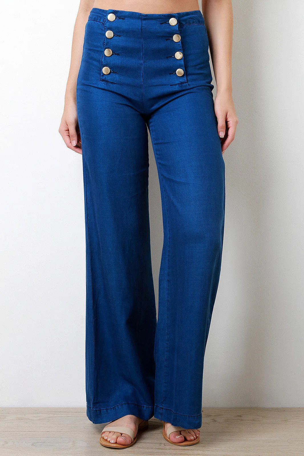 Button Detail Wide Leg High Waisted Pants