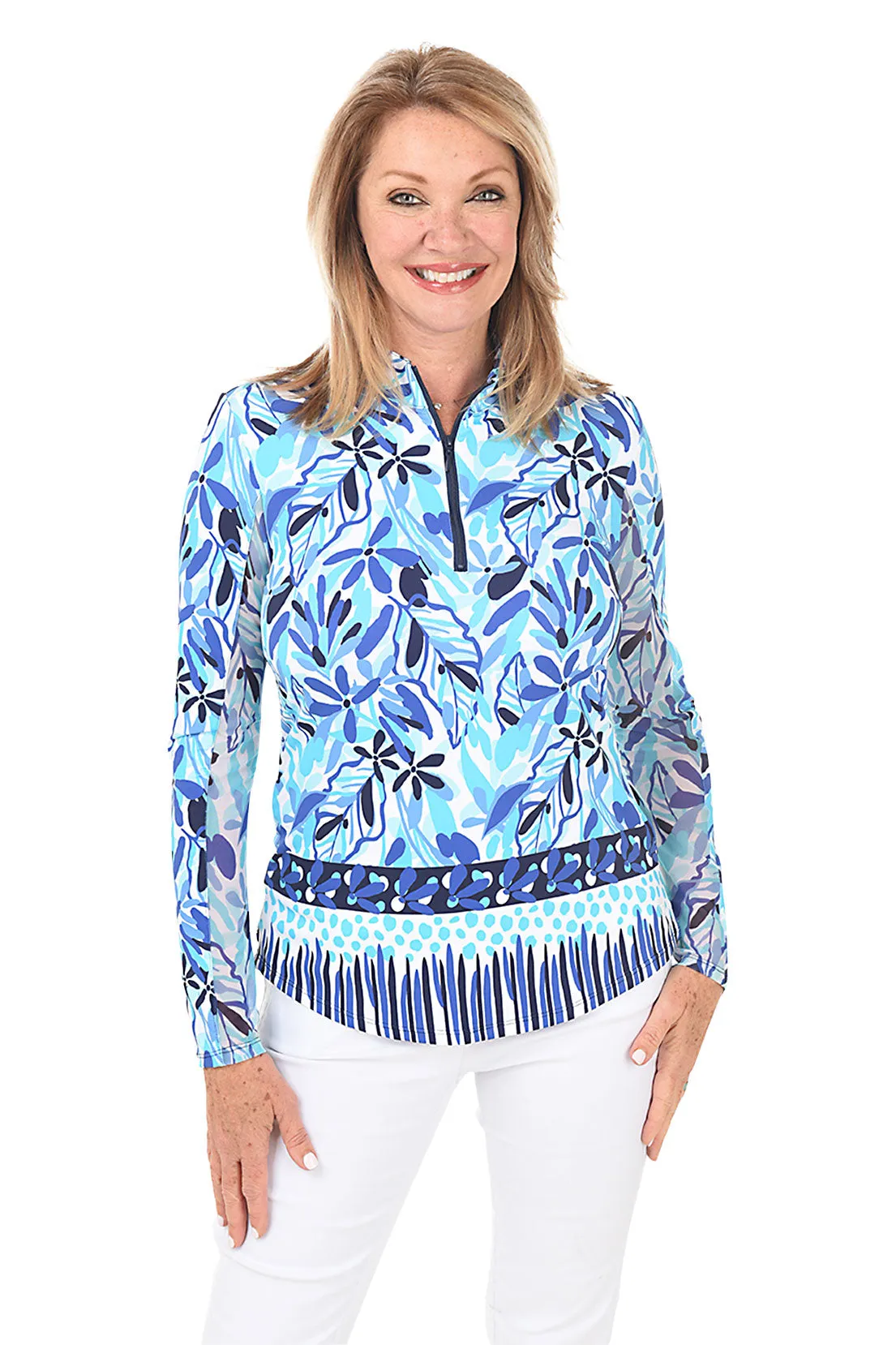 Cobalt Leaves UPF50  Mock Neck Top