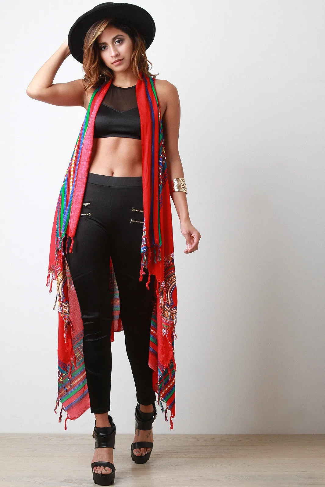 Colorful African Tribal Print Fringe Vest