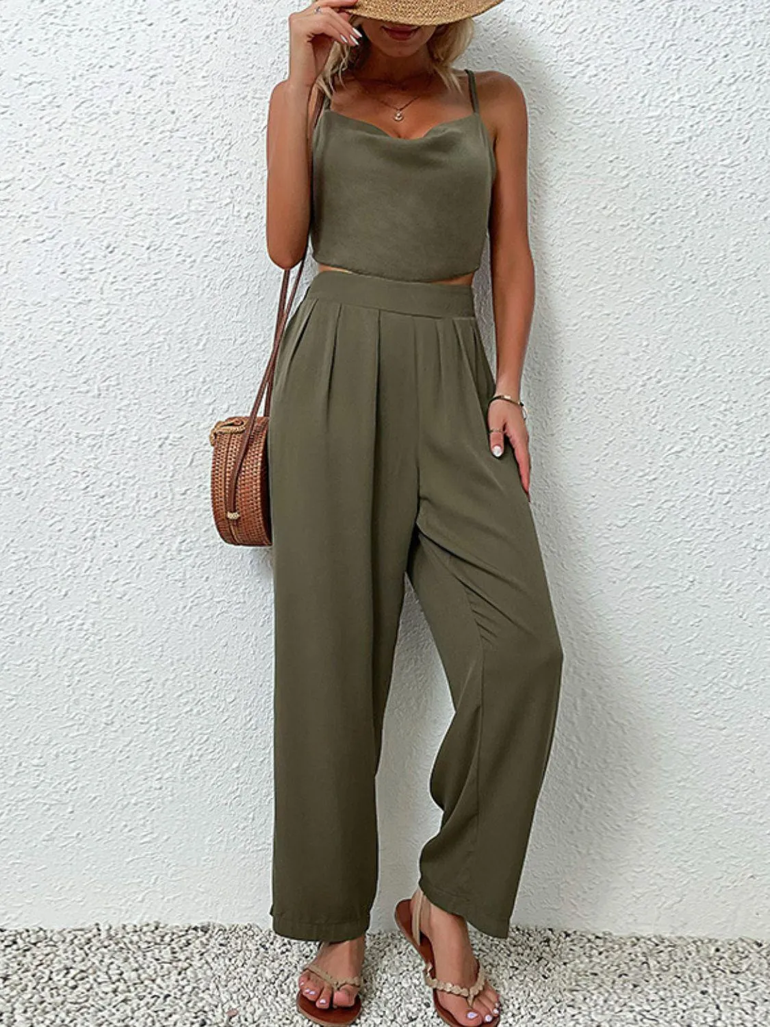 Crisscross Back Cropped Top And Pants Set