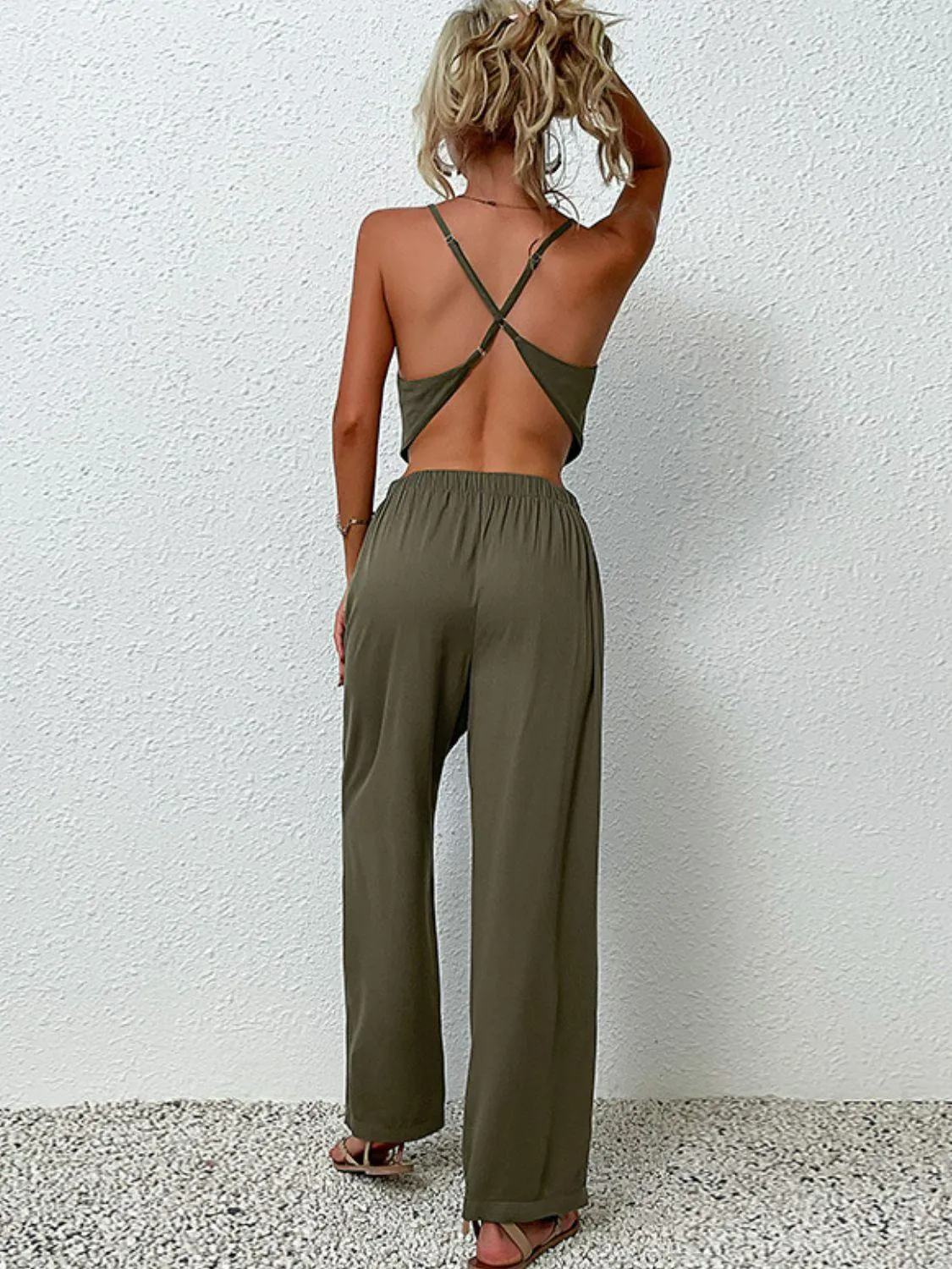 Crisscross Back Cropped Top And Pants Set