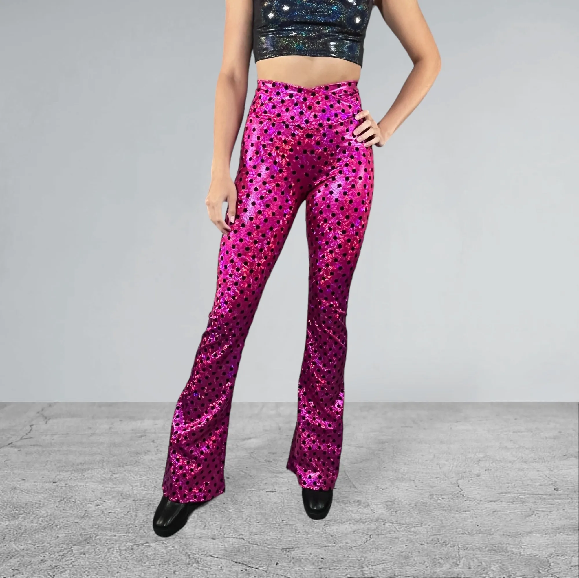 Crossover V-Waist Bootcut Flare Pants - Holographic Pink Polka Dot