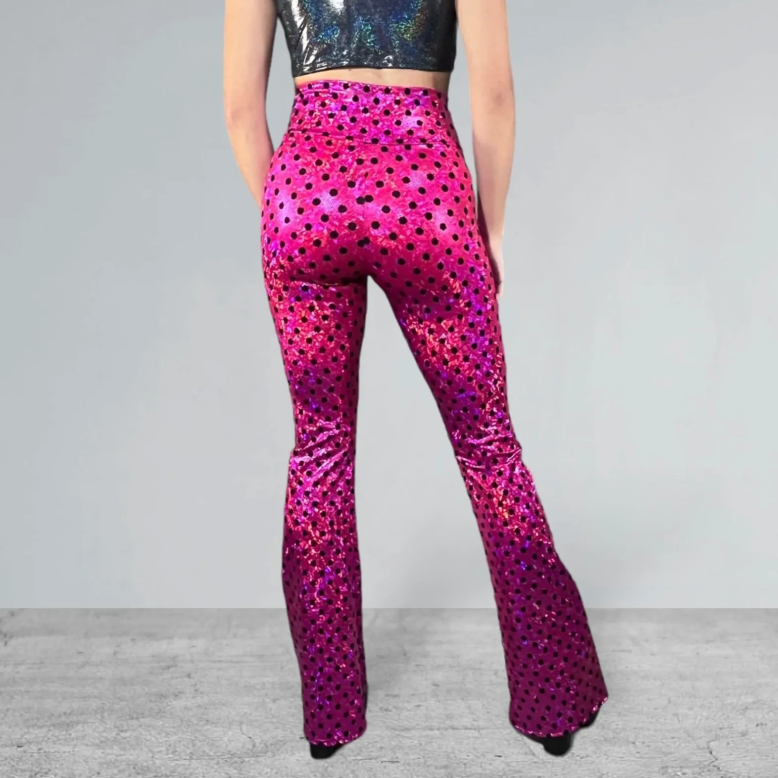 Crossover V-Waist Bootcut Flare Pants - Holographic Pink Polka Dot