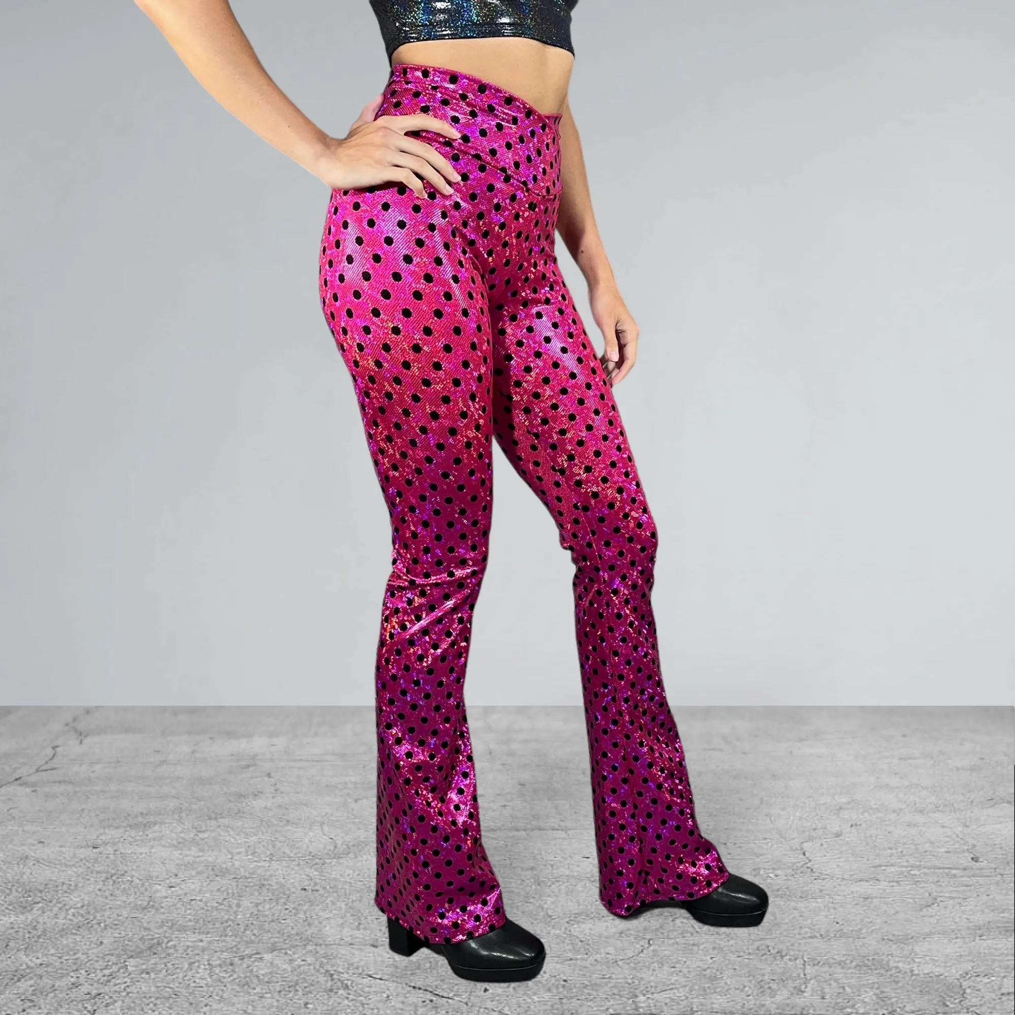 Crossover V-Waist Bootcut Flare Pants - Holographic Pink Polka Dot