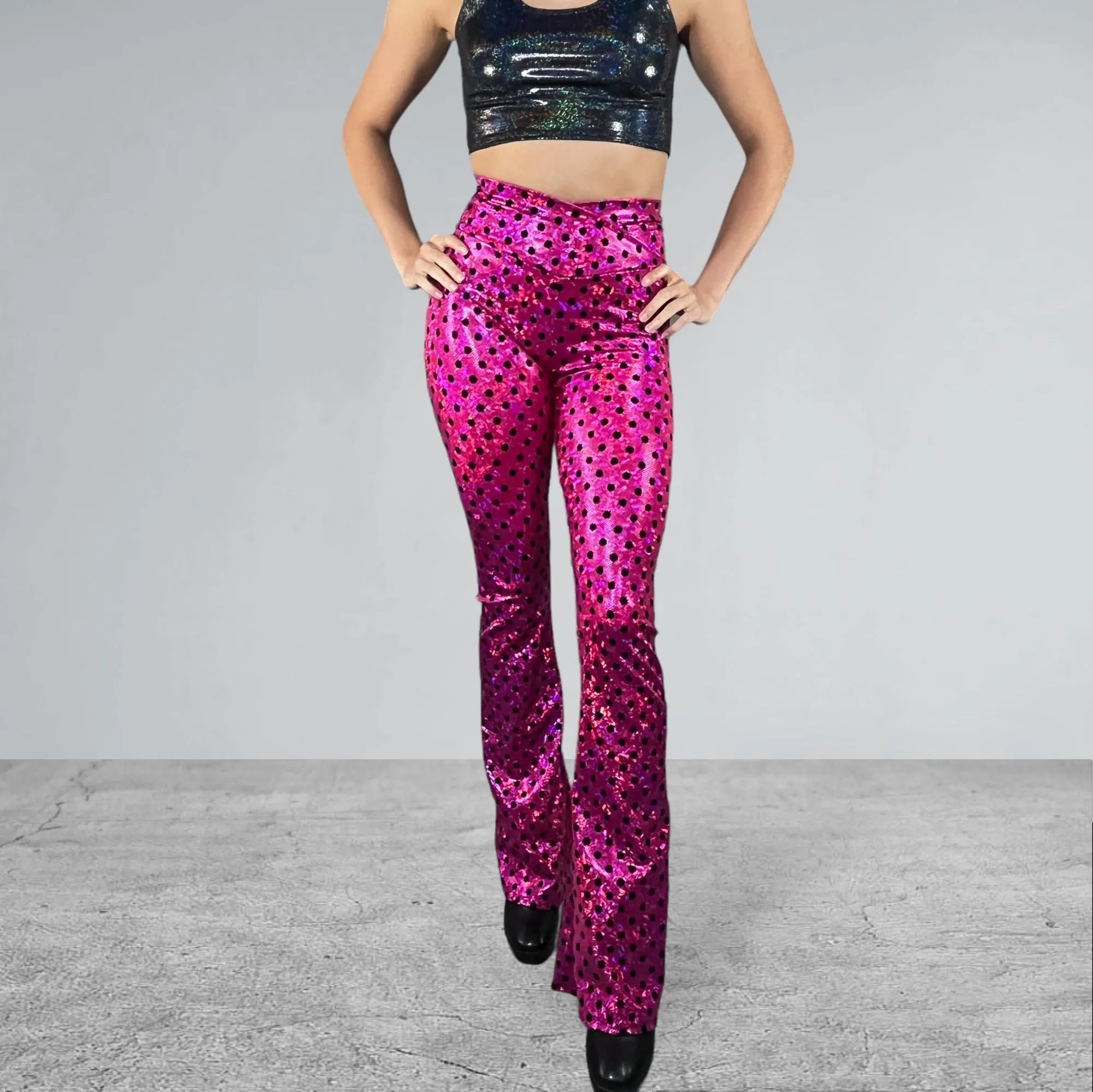 Crossover V-Waist Bootcut Flare Pants - Holographic Pink Polka Dot