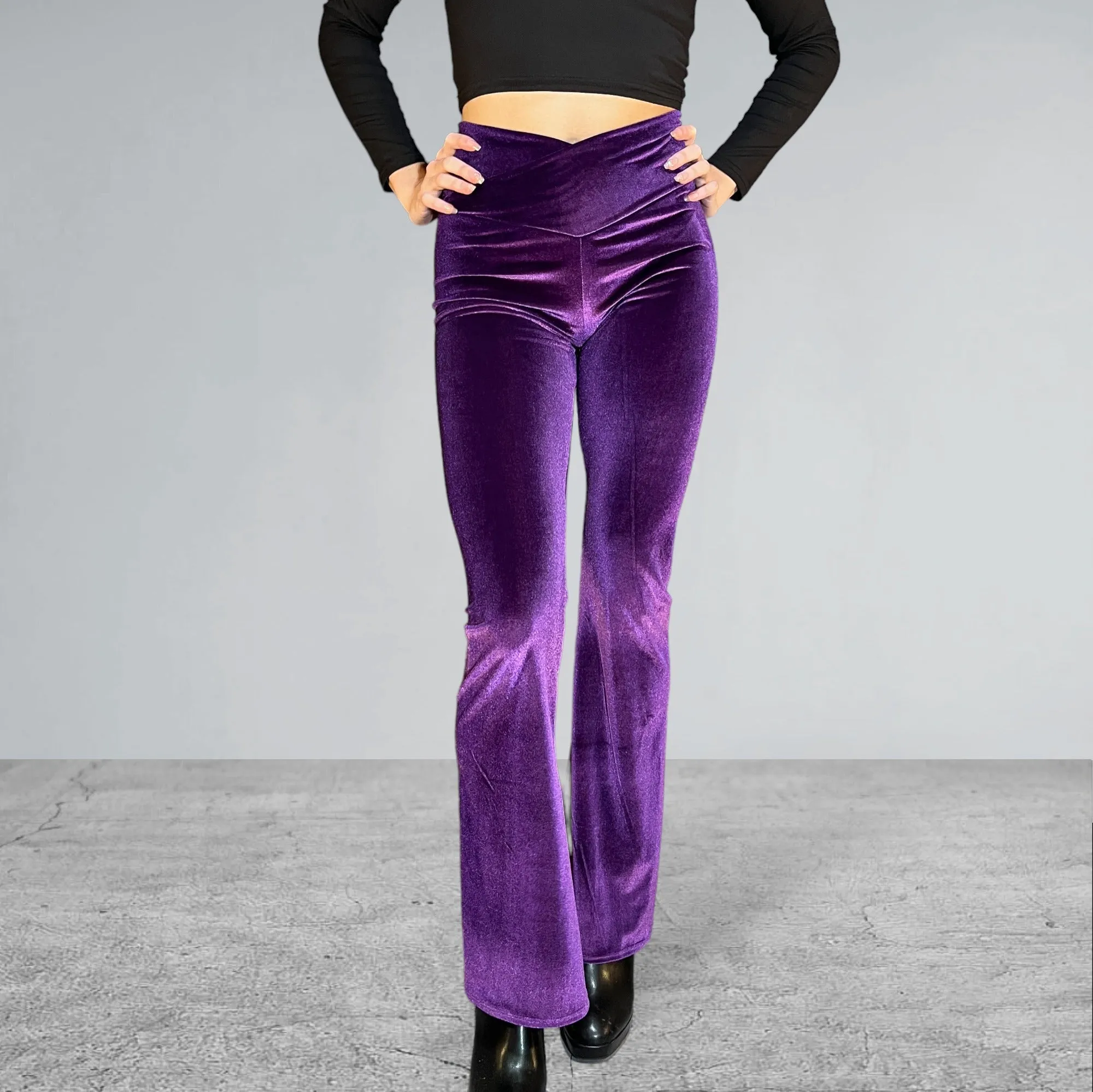 Crossover V-Waist Bootcut Flare Pants - Purple Velvet