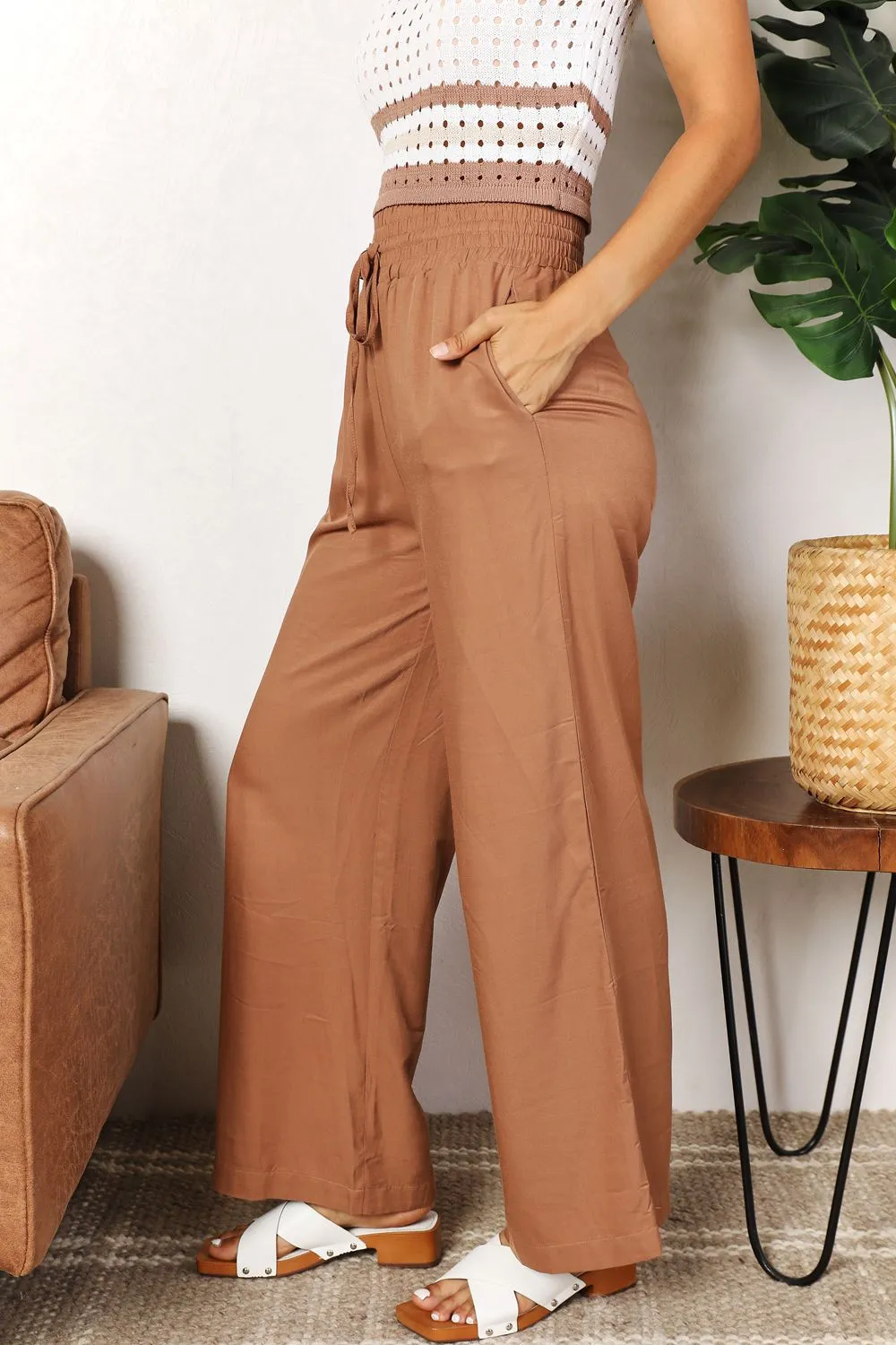 Double Take Drawstring Smocked Waist Wide Leg Pants - 2 colors