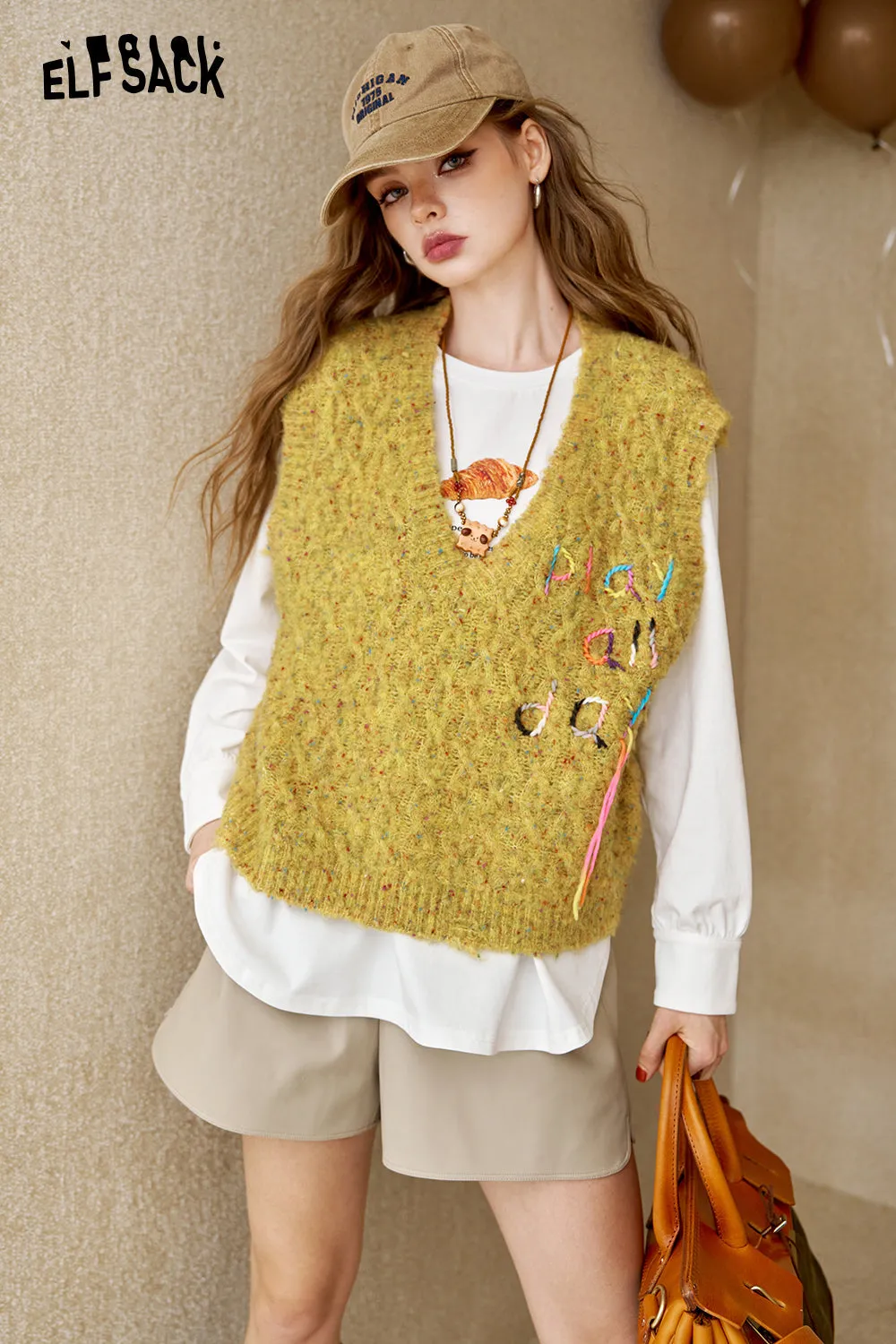 ELFSACK 2024 Autumn New Arrivals Women's retro knitted v-neck vest