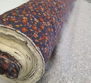 End of BOlt: 2 yards of 100% Cotton Baby Wale Corduroy Indigo Blue and Orange Floral  Woven