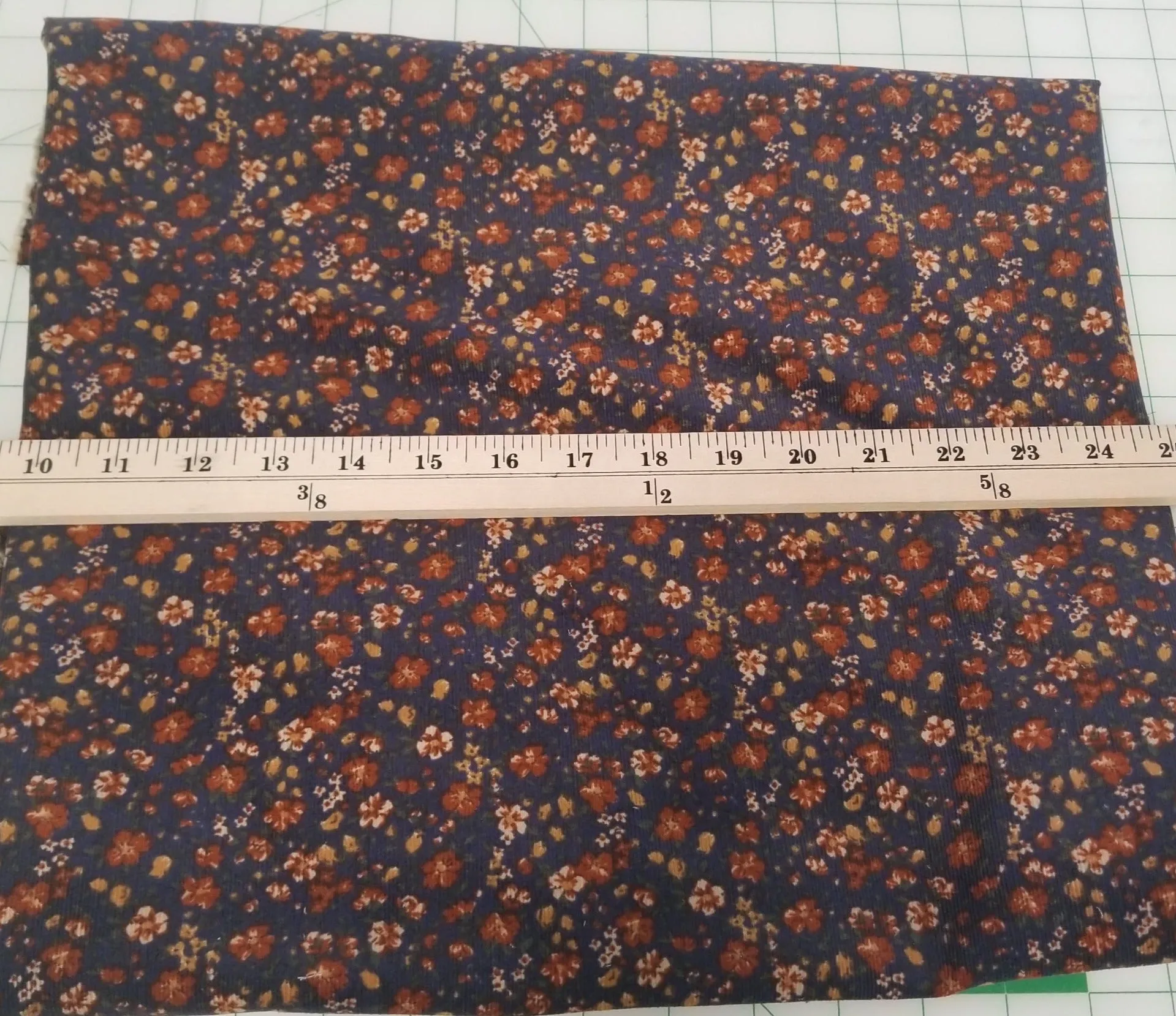 End of BOlt: 2 yards of 100% Cotton Baby Wale Corduroy Indigo Blue and Orange Floral  Woven