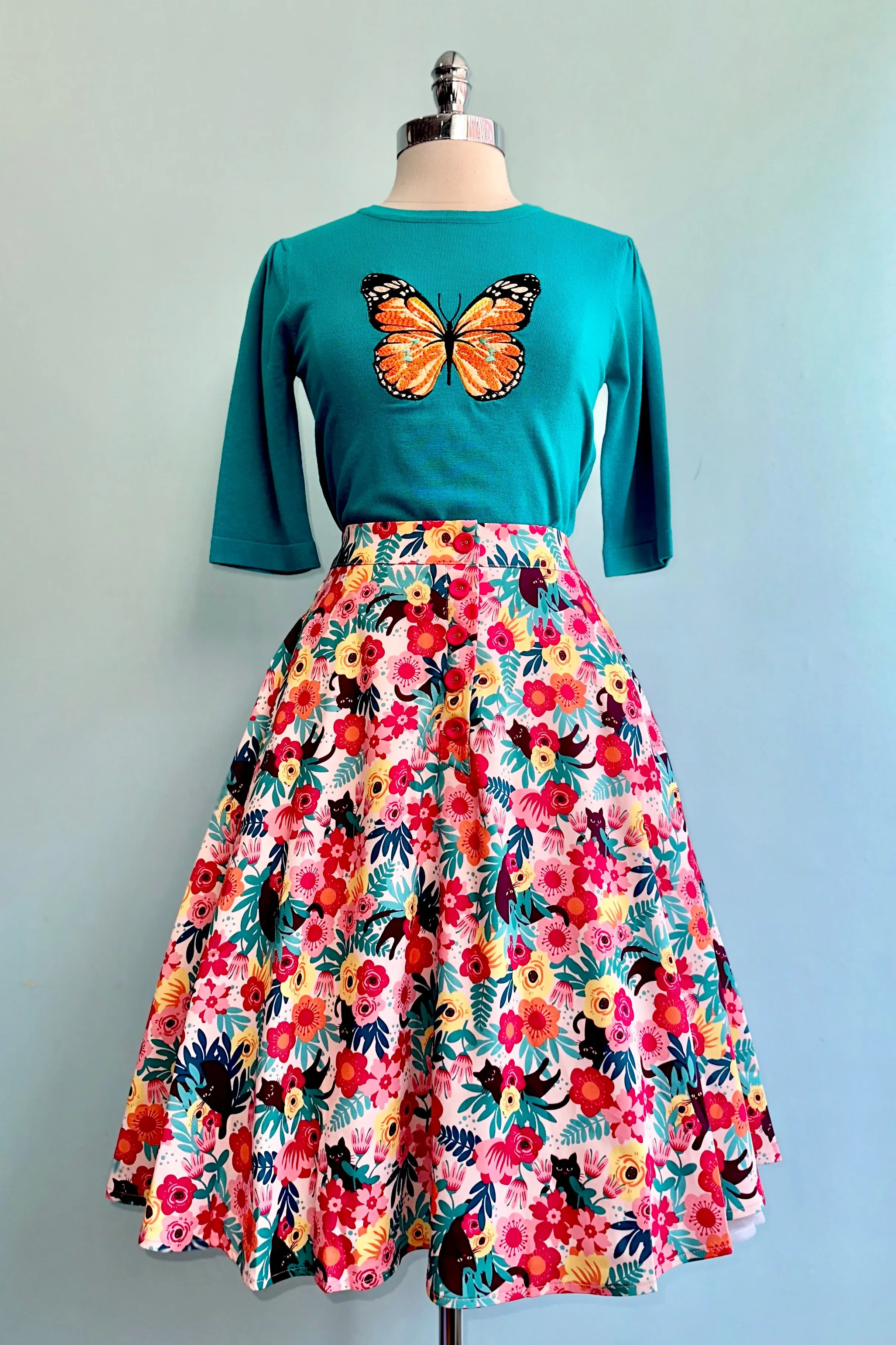 Feline Floral Flare Skirt by Voodoo Vixen