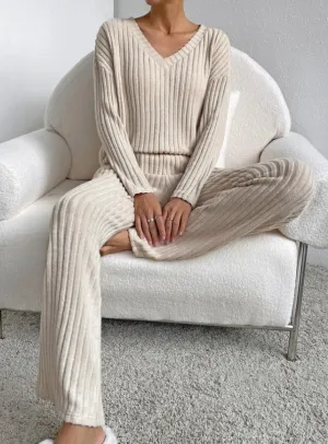 Getadme Casual Sets for Women 2 Pieces Autumn New Loungewear Loose V-Neck Long Sleeve Top and Pit Strip Knitted Straight Pants Suit