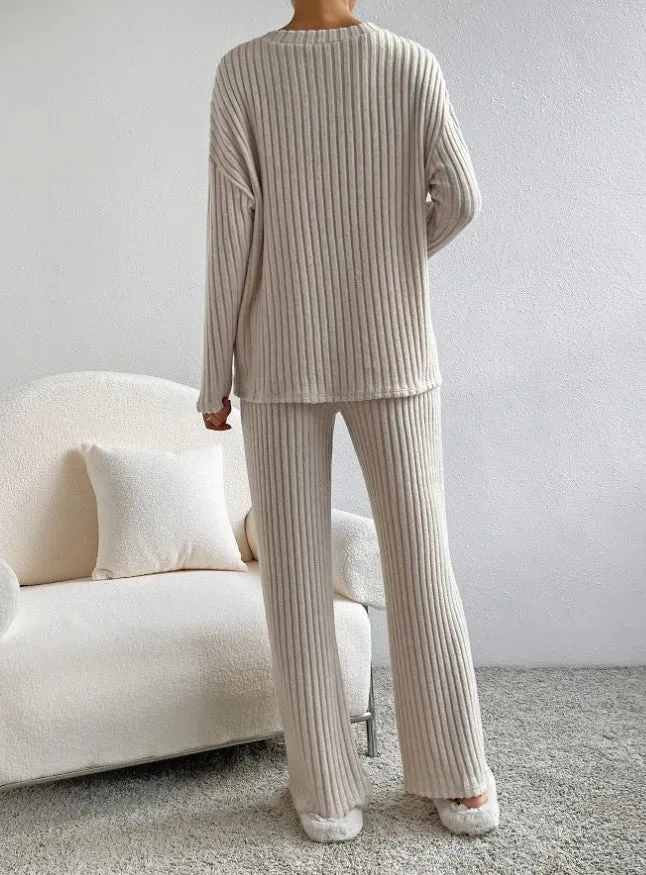 Getadme Casual Sets for Women 2 Pieces Autumn New Loungewear Loose V-Neck Long Sleeve Top and Pit Strip Knitted Straight Pants Suit