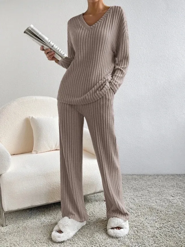 Getadme Casual Sets for Women 2 Pieces Autumn New Loungewear Loose V-Neck Long Sleeve Top and Pit Strip Knitted Straight Pants Suit