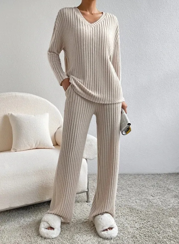 Getadme Casual Sets for Women 2 Pieces Autumn New Loungewear Loose V-Neck Long Sleeve Top and Pit Strip Knitted Straight Pants Suit