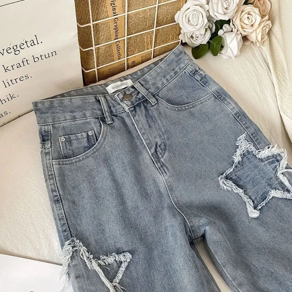 Getadme Denim Popular Ins Fashion Korean WIth Star Spring Autumn New High Waist Straight Leg Loose Fitting Jeans