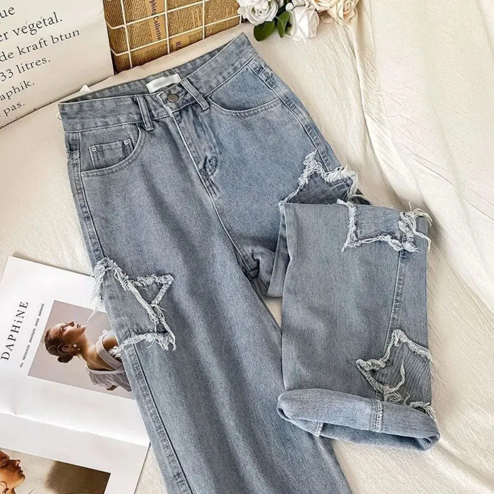 Getadme Denim Popular Ins Fashion Korean WIth Star Spring Autumn New High Waist Straight Leg Loose Fitting Jeans