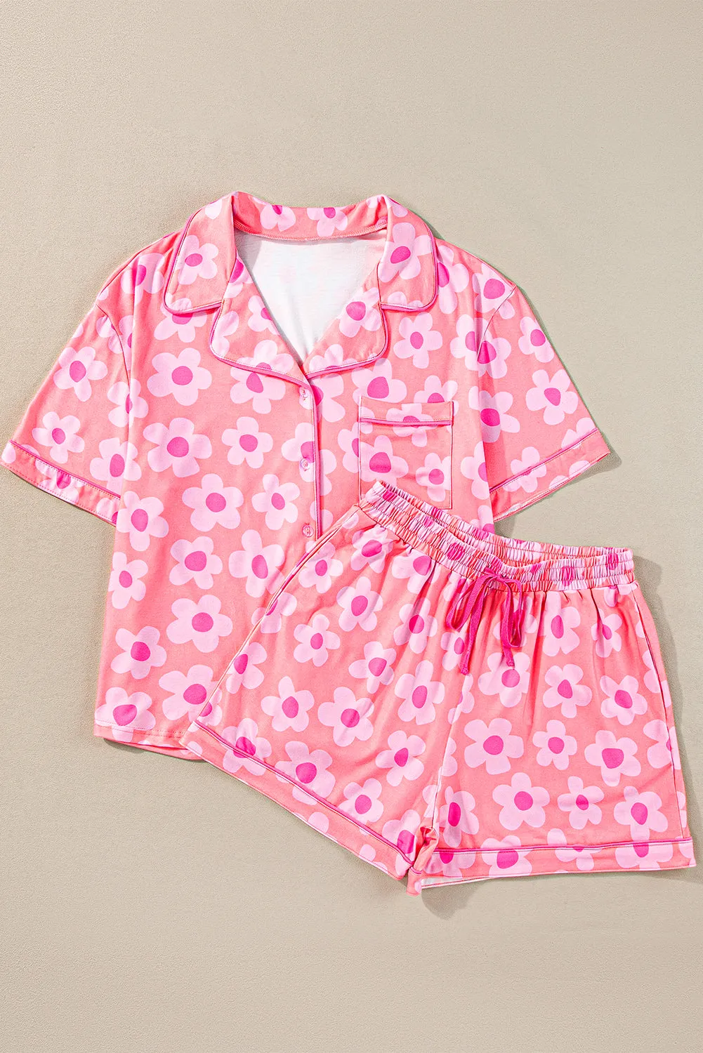 Green Flower Print Short Sleeve Shirt Pajamas Set