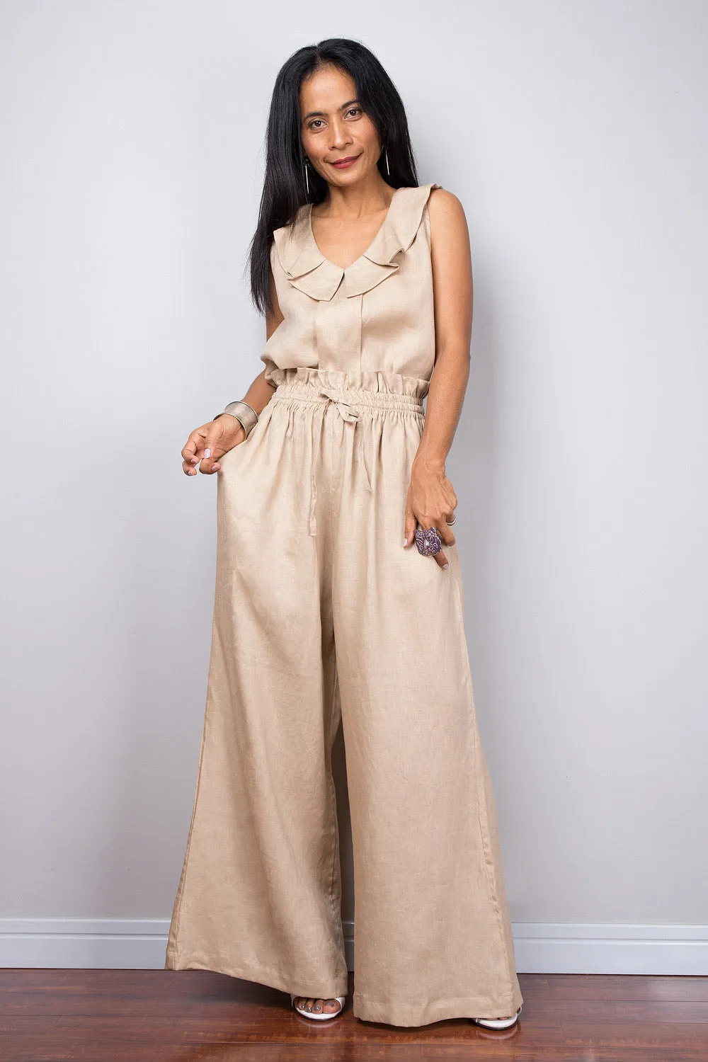 Handmade natural linen long wide leg palazzo pants with pockets. Beige high waist women's summer pants