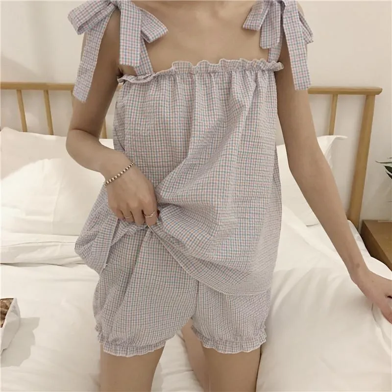 Harajuku Bowknot Drawstring Plaid Pajamas