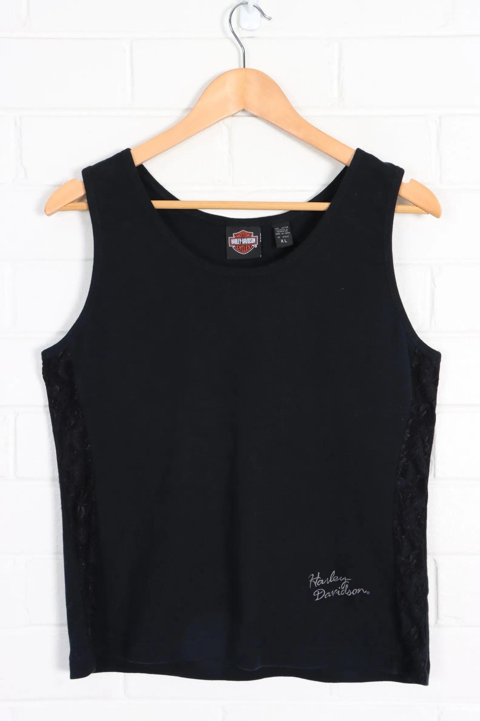 HARLEY DAVIDSON Y2K Black Lace Panels Tank Top (Women's M)