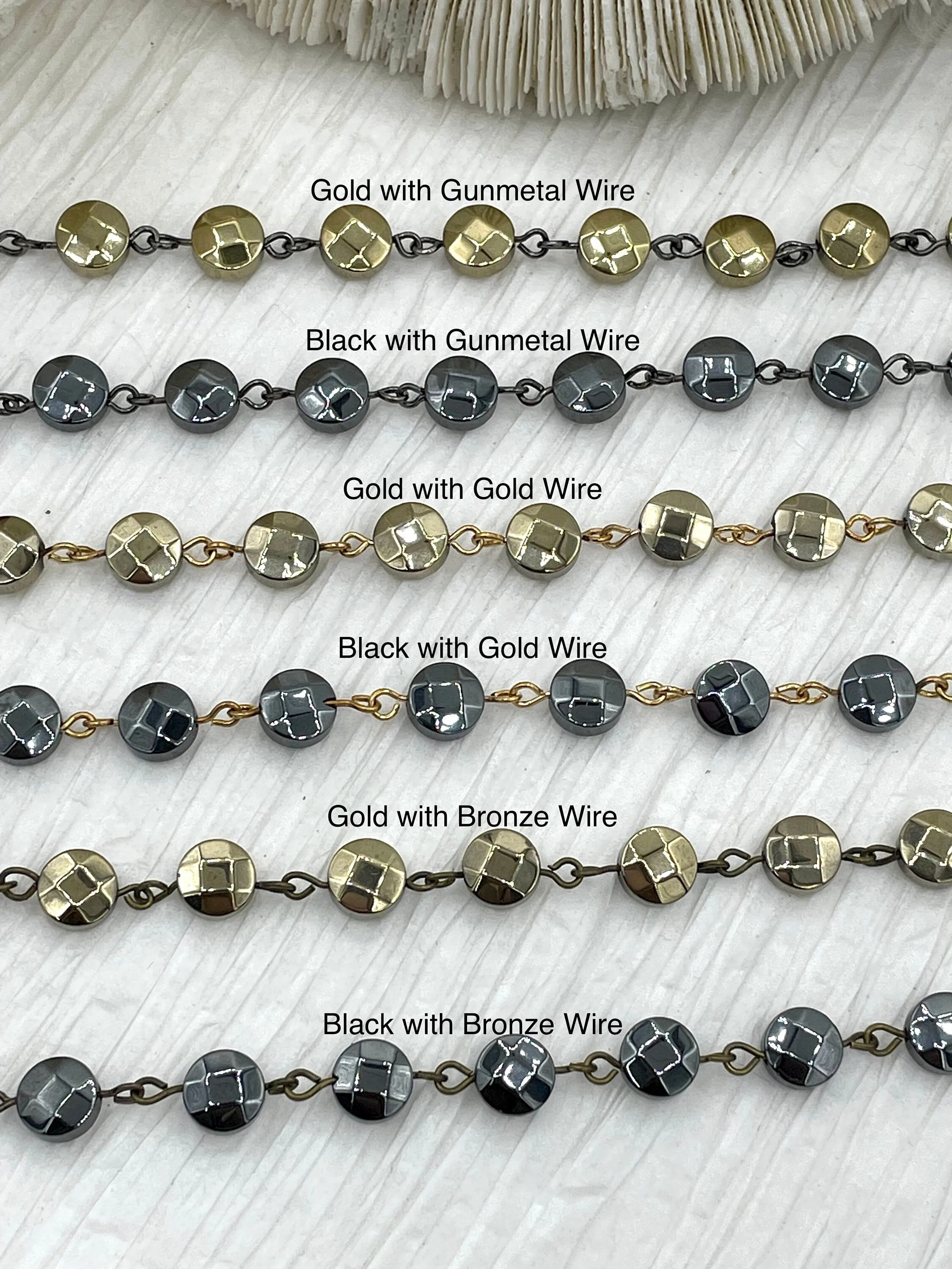 HEMATITE GEMSTONE 1 meter (39") Rosary Style Chain, 8mm coin Faceted beads, Bronze, Gold or Gunmetal Wire. Chain per meter (39") Fast ship