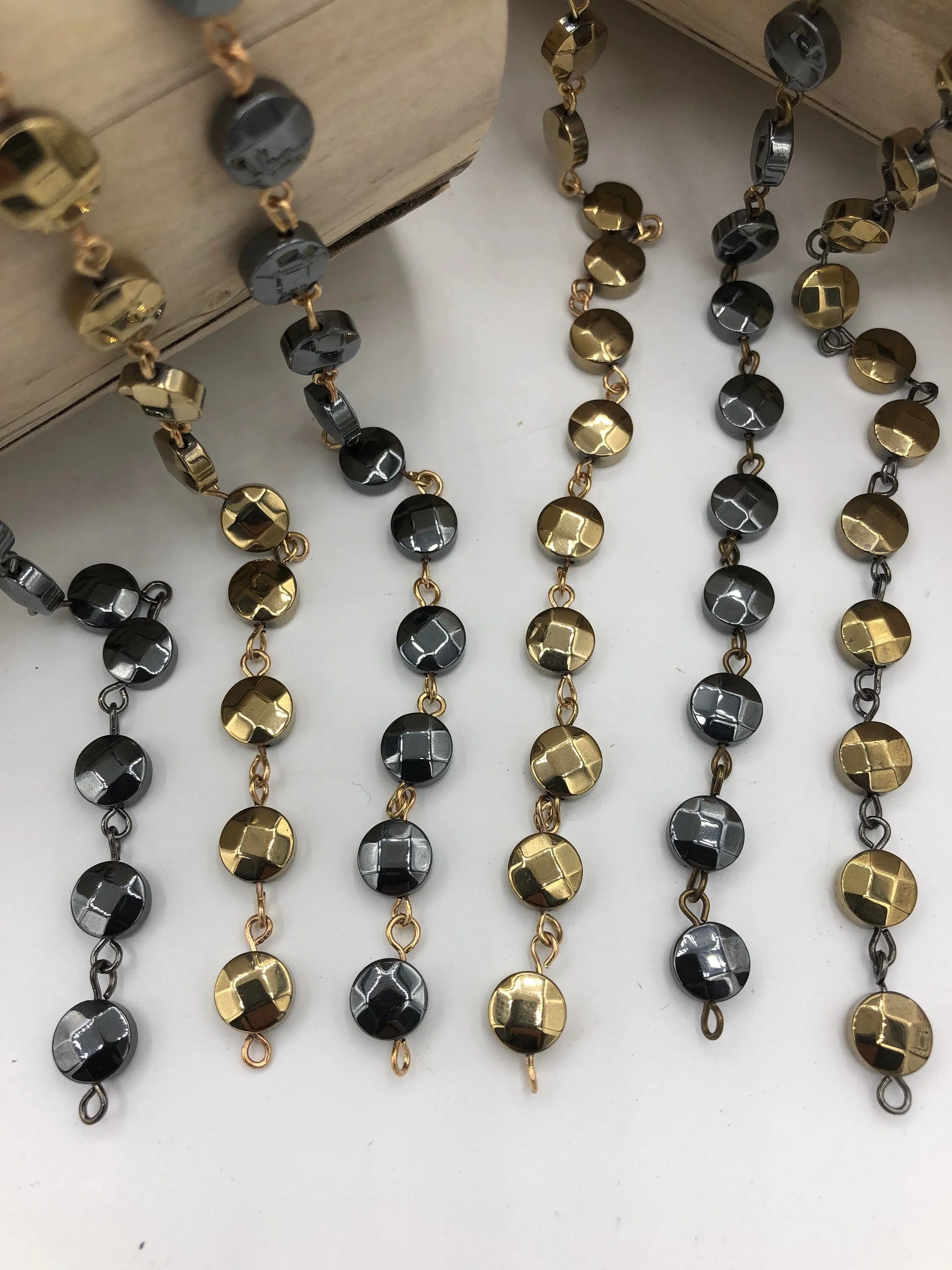 HEMATITE GEMSTONE 1 meter (39") Rosary Style Chain, 8mm coin Faceted beads, Bronze, Gold or Gunmetal Wire. Chain per meter (39") Fast ship