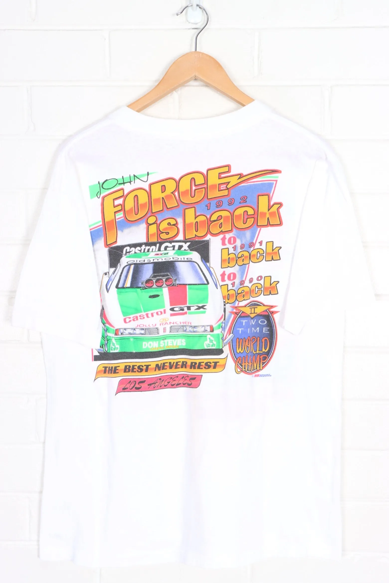 John Force 1992 "Force is Back" Race Car Single Stitch Front Back T-Shirt (M-L)