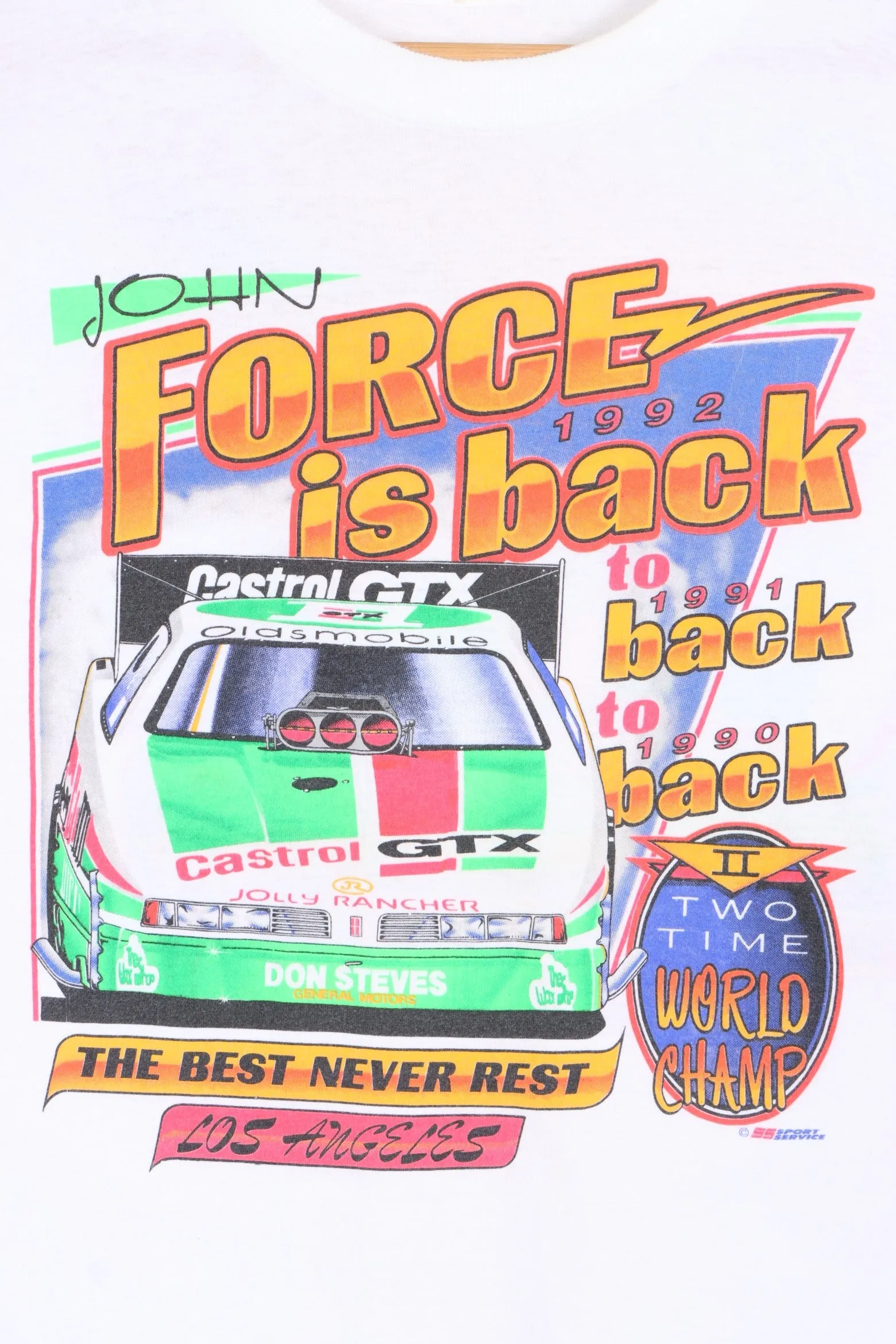 John Force 1992 "Force is Back" Race Car Single Stitch Front Back T-Shirt (M-L)