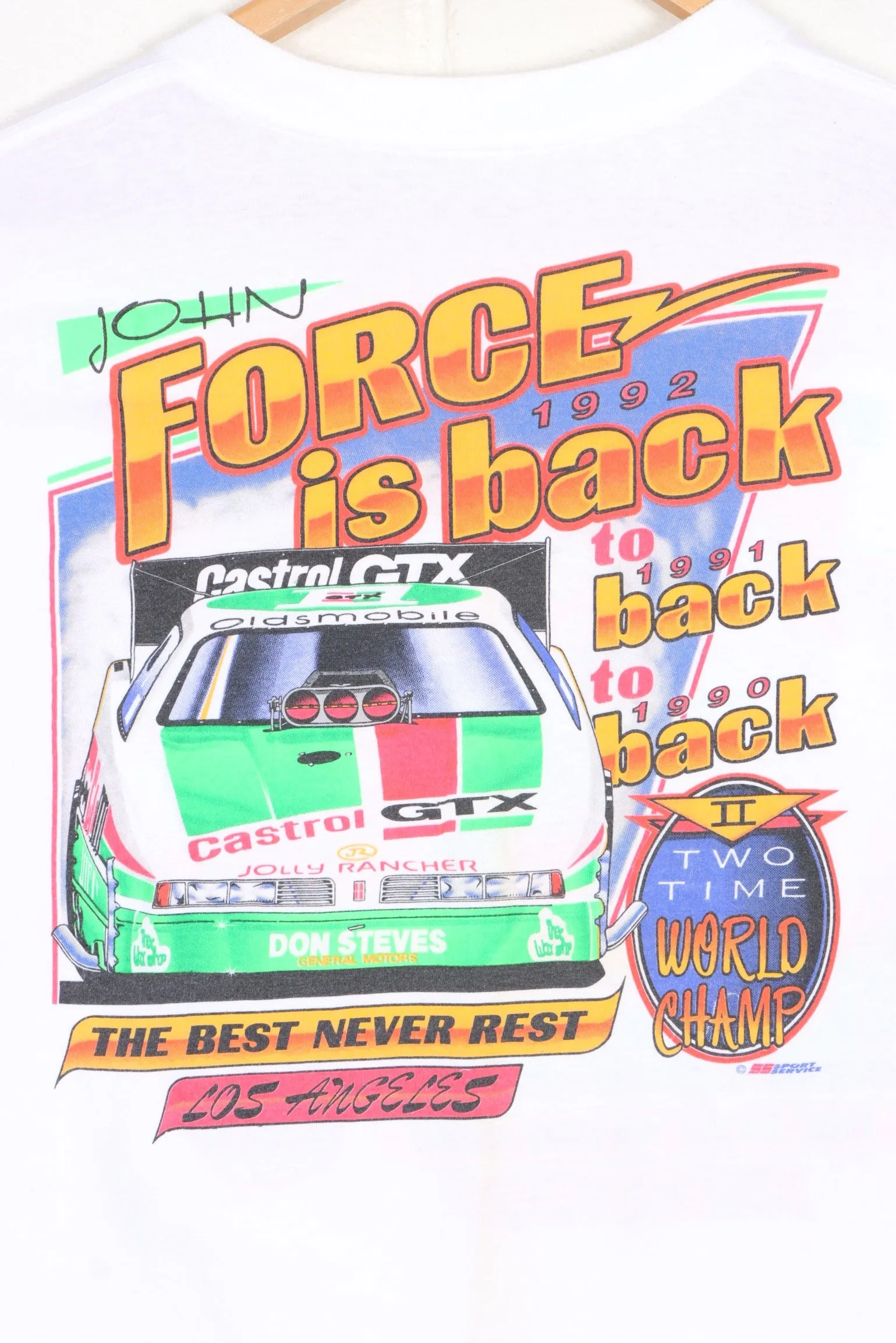 John Force 1992 "Force is Back" Race Car Single Stitch Front Back T-Shirt (M-L)