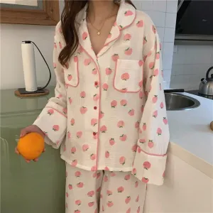 Kawaii Peach Printed Long Sleeved Pajamas