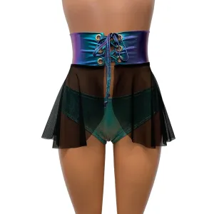 Lace-Up Corset Skirt - Black Mesh w/ Oil Slick Holo