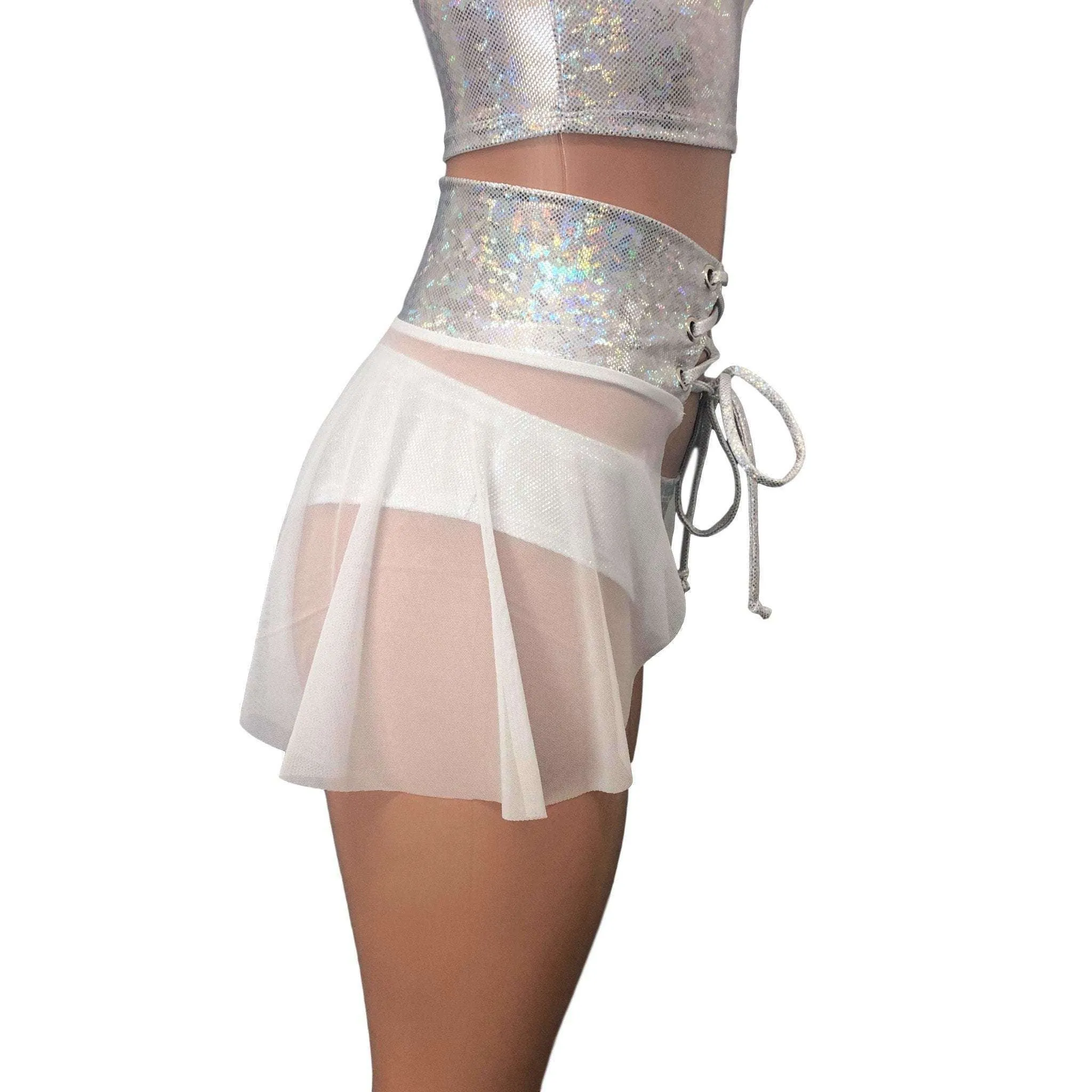 Lace-Up Corset Skirt - White Mesh w/ Silver Shattered Glass