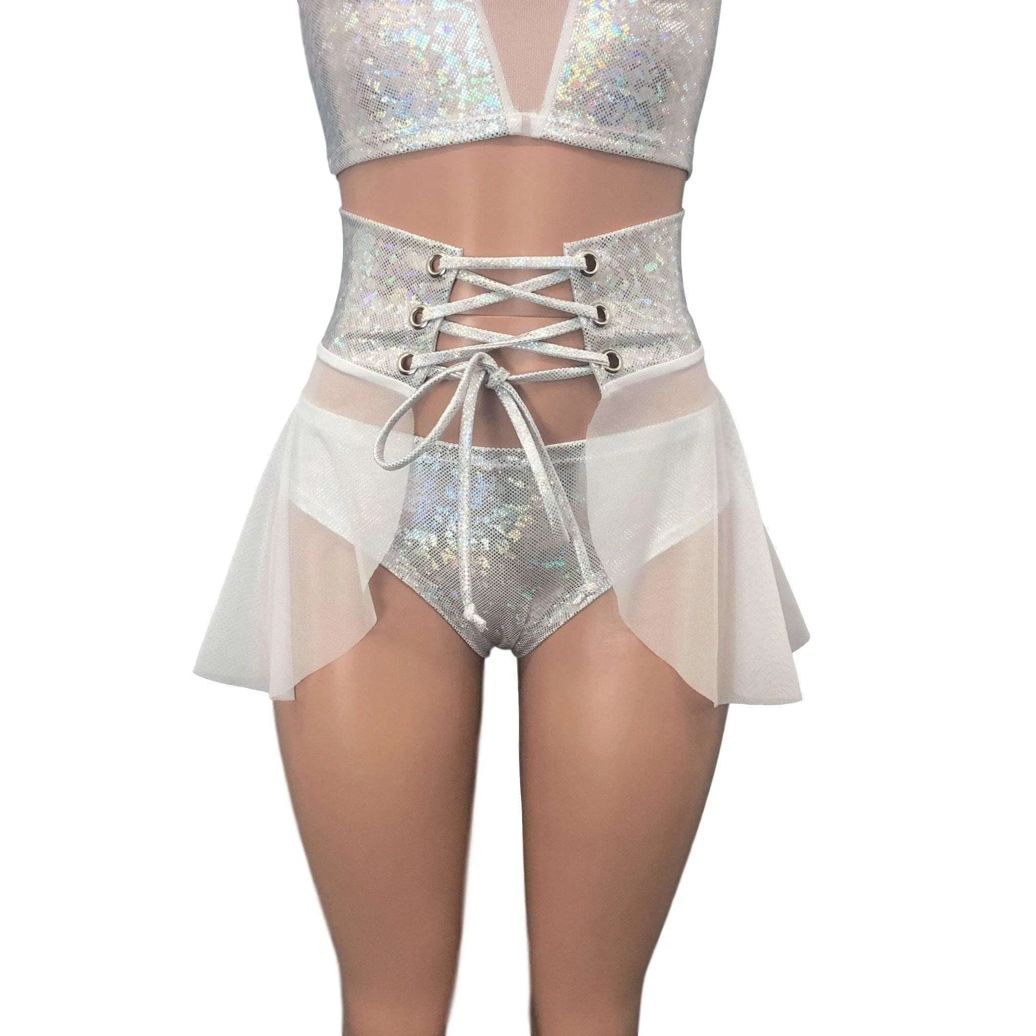 Lace-Up Corset Skirt - White Mesh w/ Silver Shattered Glass