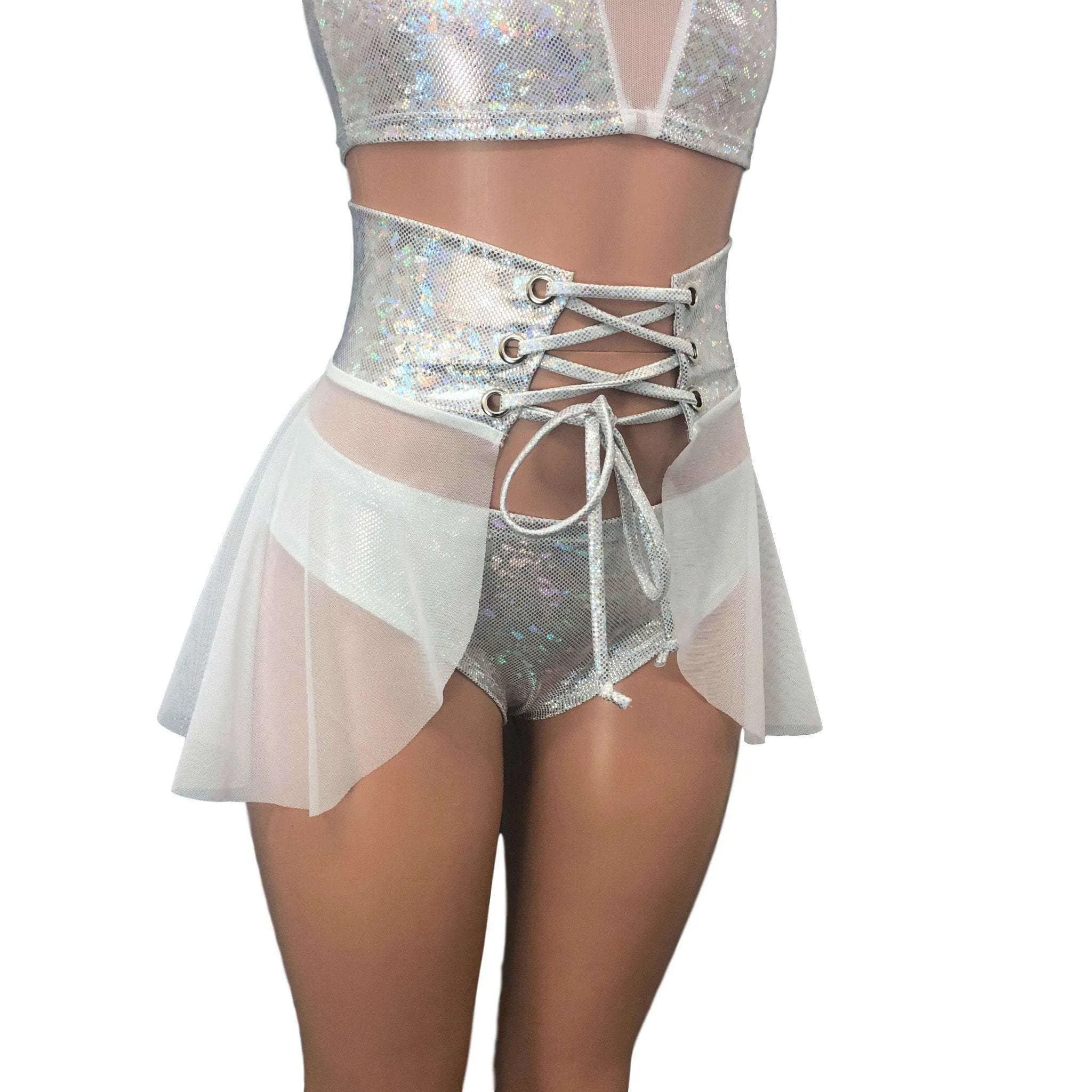 Lace-Up Corset Skirt - White Mesh w/ Silver Shattered Glass