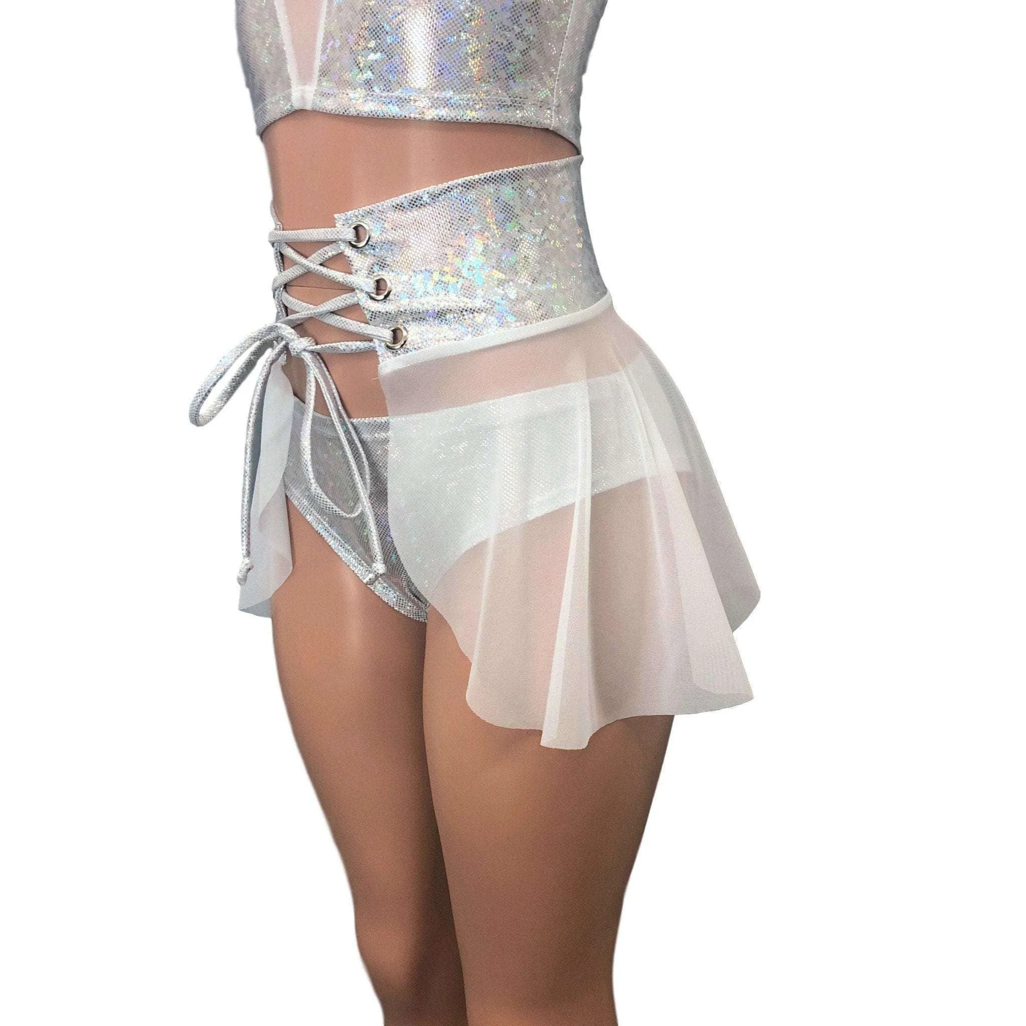 Lace-Up Corset Skirt - White Mesh w/ Silver Shattered Glass