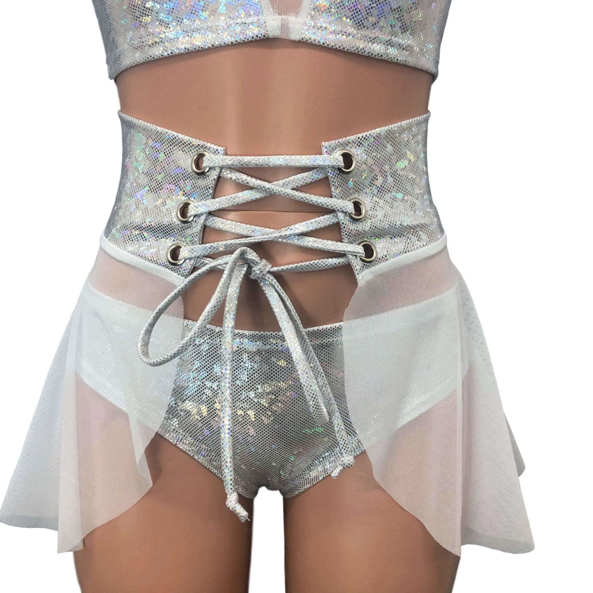 Lace-Up Corset Skirt - White Mesh w/ Silver Shattered Glass