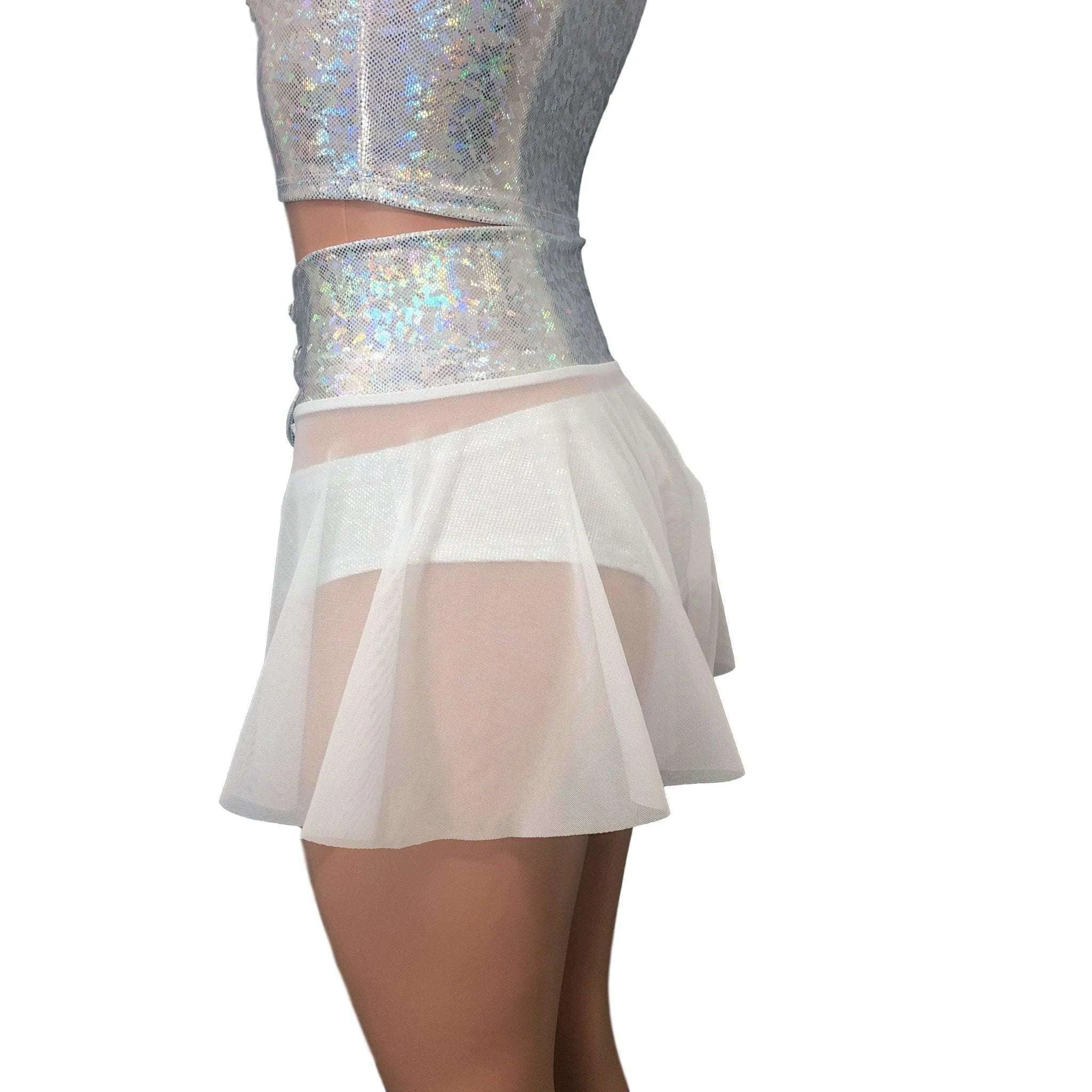 Lace-Up Corset Skirt - White Mesh w/ Silver Shattered Glass