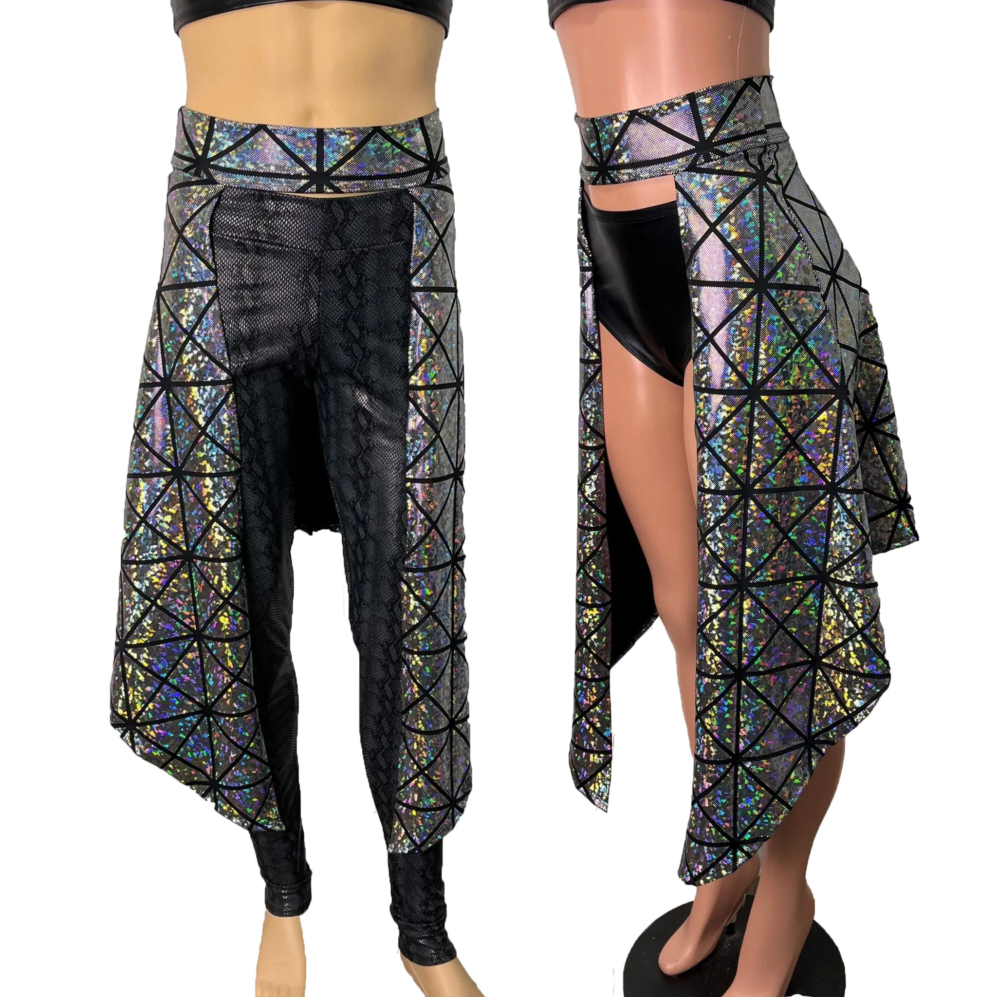 Long Cape Skirt - Silver Holographic Glass Pane - Unisex Men/Women Open-Front Skirt