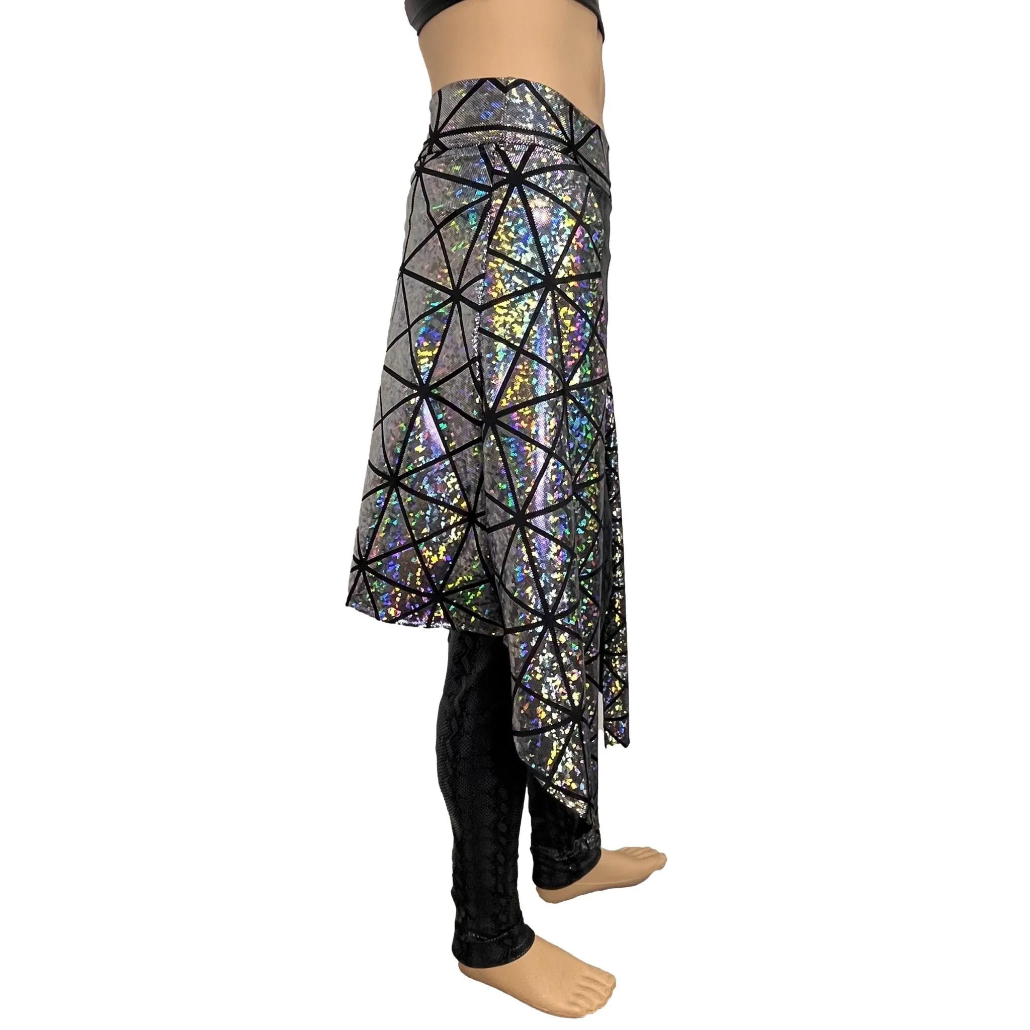 Long Cape Skirt - Silver Holographic Glass Pane - Unisex Men/Women Open-Front Skirt