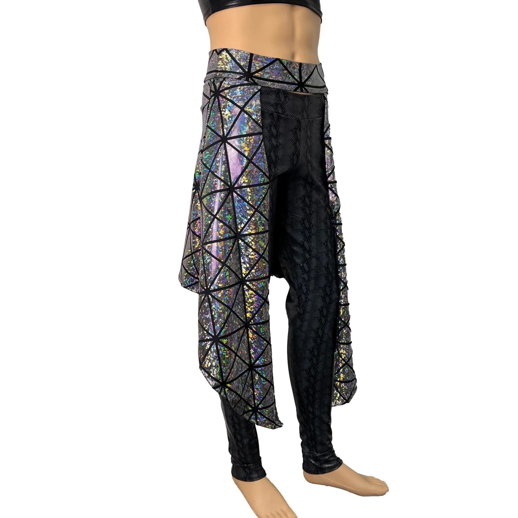 Long Cape Skirt - Silver Holographic Glass Pane - Unisex Men/Women Open-Front Skirt