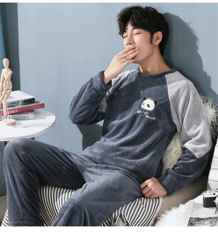 Long Sleeve Warm Flannel Pajamas Winter Men Pajama Sets Print Thicken Sleepwear Pyjamas  4XL 5XL 95kg Nightwear Set