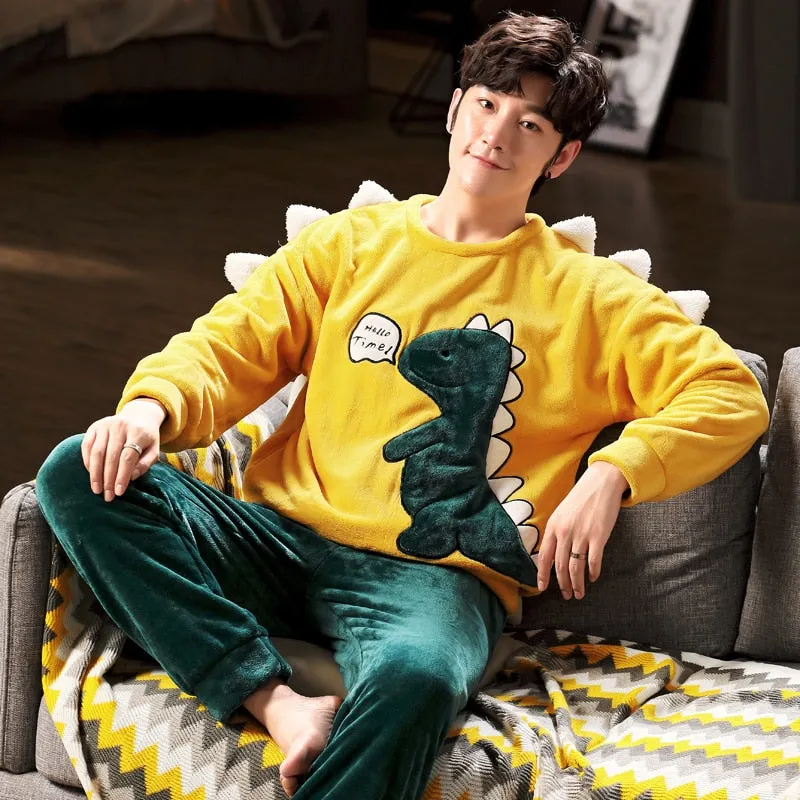 Long Sleeve Warm Flannel Pajamas Winter Men Pajama Sets Print Thicken Sleepwear Pyjamas  4XL 5XL 95kg Nightwear Set